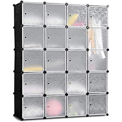 20-Cube Stackable Plastic Storage Shelves - Modular Closet Organizer with Hanging Rod | White & Black | Space-Saving for Bedroom, Closet, Office & Dorm Organization