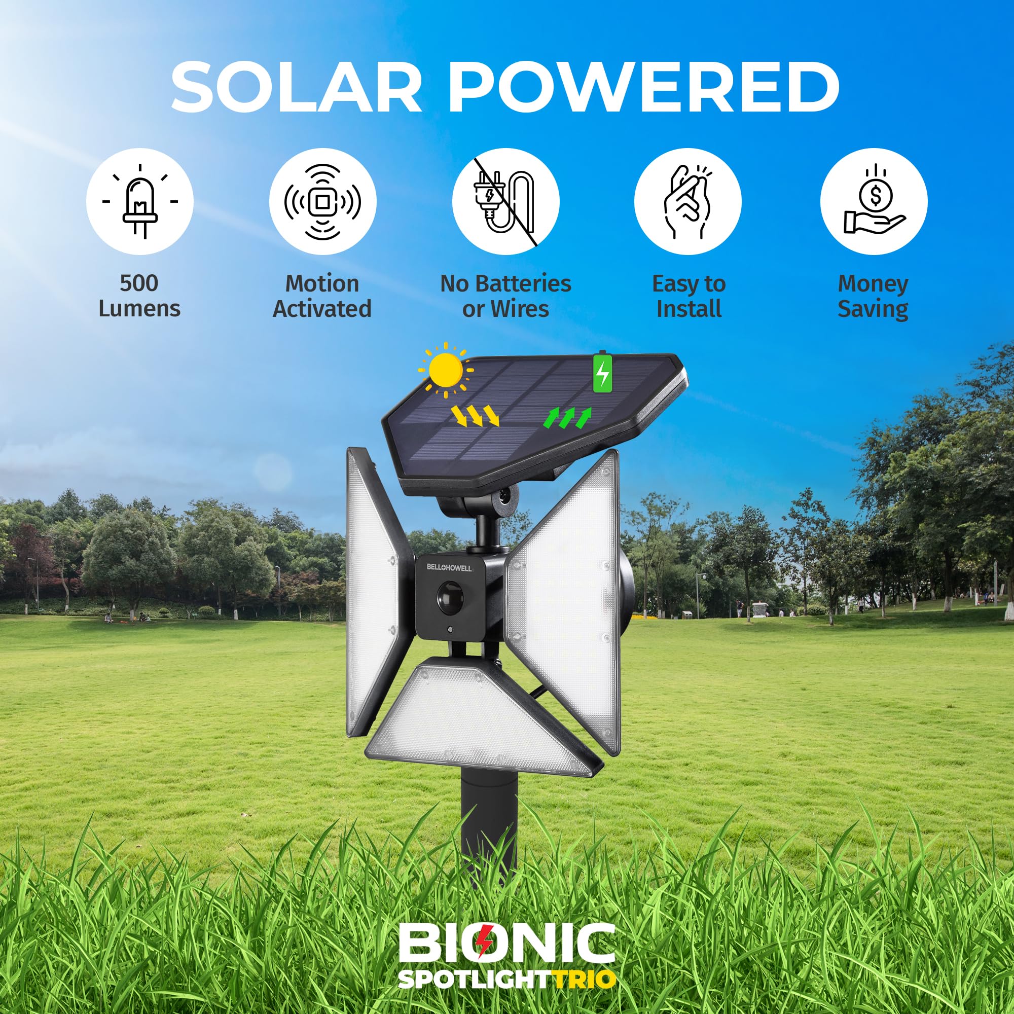 Bell+Howell Bionic Spotlight 500 Lumens Solar Motion Sensor Outdoor Lights - Waterproof Solar Security Flood Lights for Yard, Garden, Pathway (As Seen on TV) - Perfect for Home Safety and Nighttime Illumination