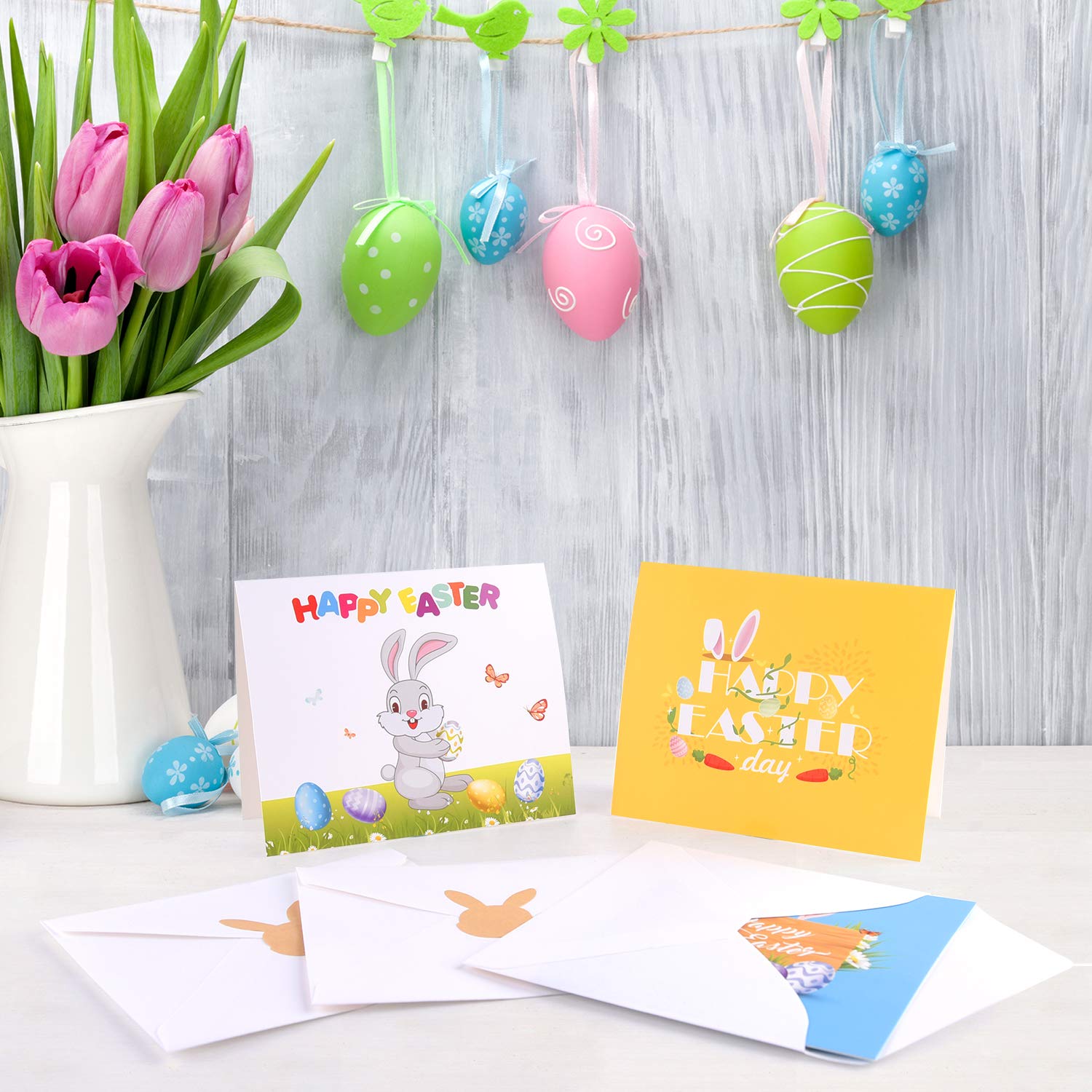 FEPITO 36 Pack Happy Easter Greeting Cards with Envelopes - Bunny Rabbit Egg Design Spring Note Cards for Kids (6 Styles) - Perfect for Easter Celebrations, Classroom Activities & Party Favors