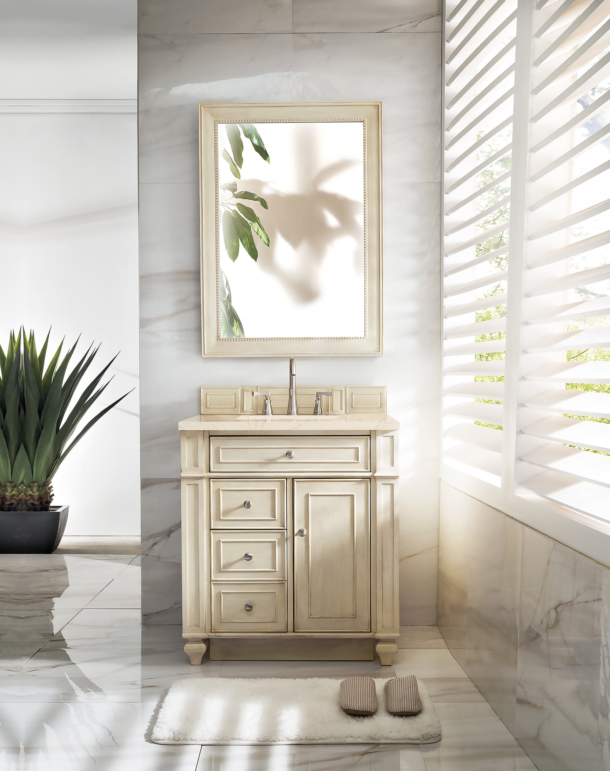 Bristol 30-Inch Single Bathroom Vanity Set in Vintage Vanilla with 3CM Eternal Marfil Quartz Countertop | Modern Farmhouse Sink Cabinet for Small Bathrooms & Powder Rooms