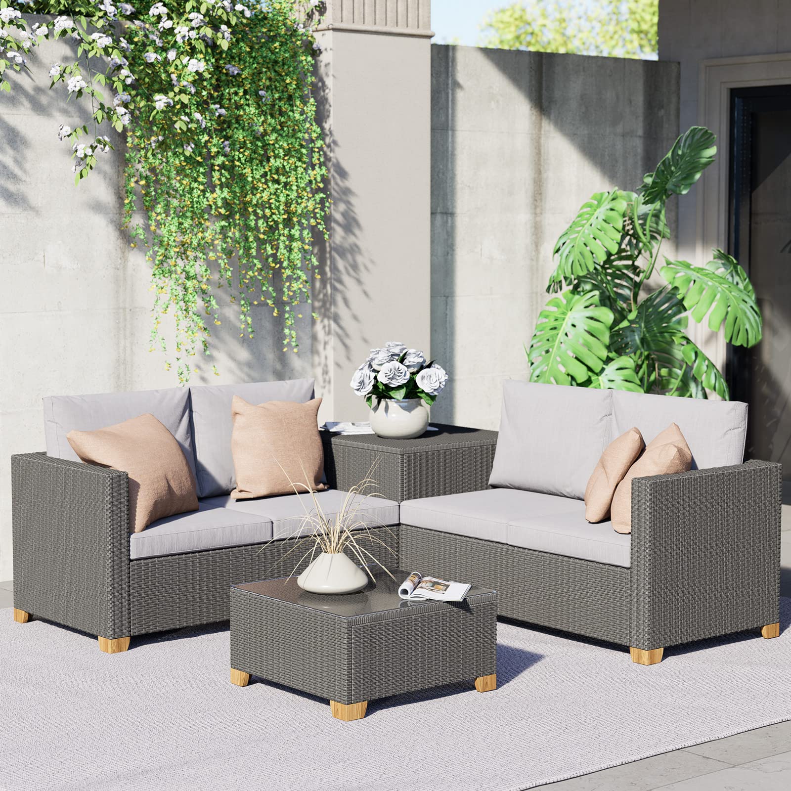 4-Piece Wicker Patio Furniture Set with Storage Box & Rattan Coffee Table - Outdoor Conversation Set for Backyard, Garden, Deck (Light Gray) | Perfect for Relaxing, Entertaining & Outdoor Dining