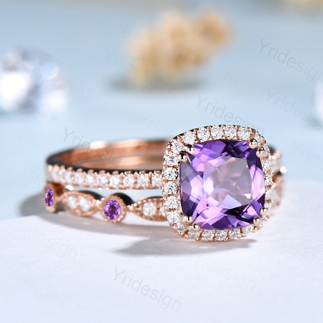 Vintage Cushion Cut Amethyst Wedding Ring Set in 14K Rose Gold - Art Deco Halo Diamond Bridal Set for Women | Engagement, Anniversary & Special Occasion Jewelry Gift