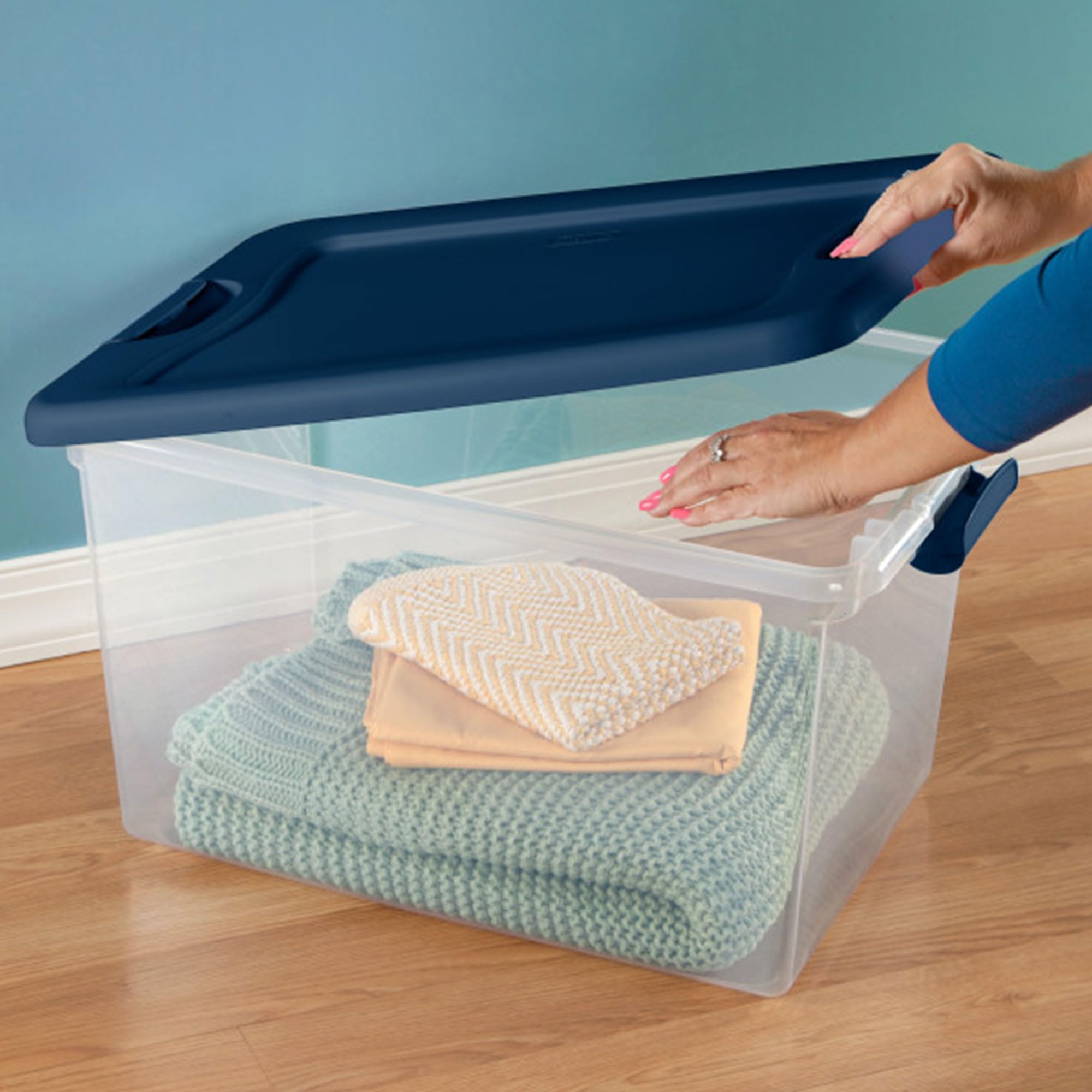 Sterilite 12-Pack 64 Qt Clear Plastic Storage Bins with Lids - Large Stackable Organizer Containers in Blue for Home, Office & Garage Organization