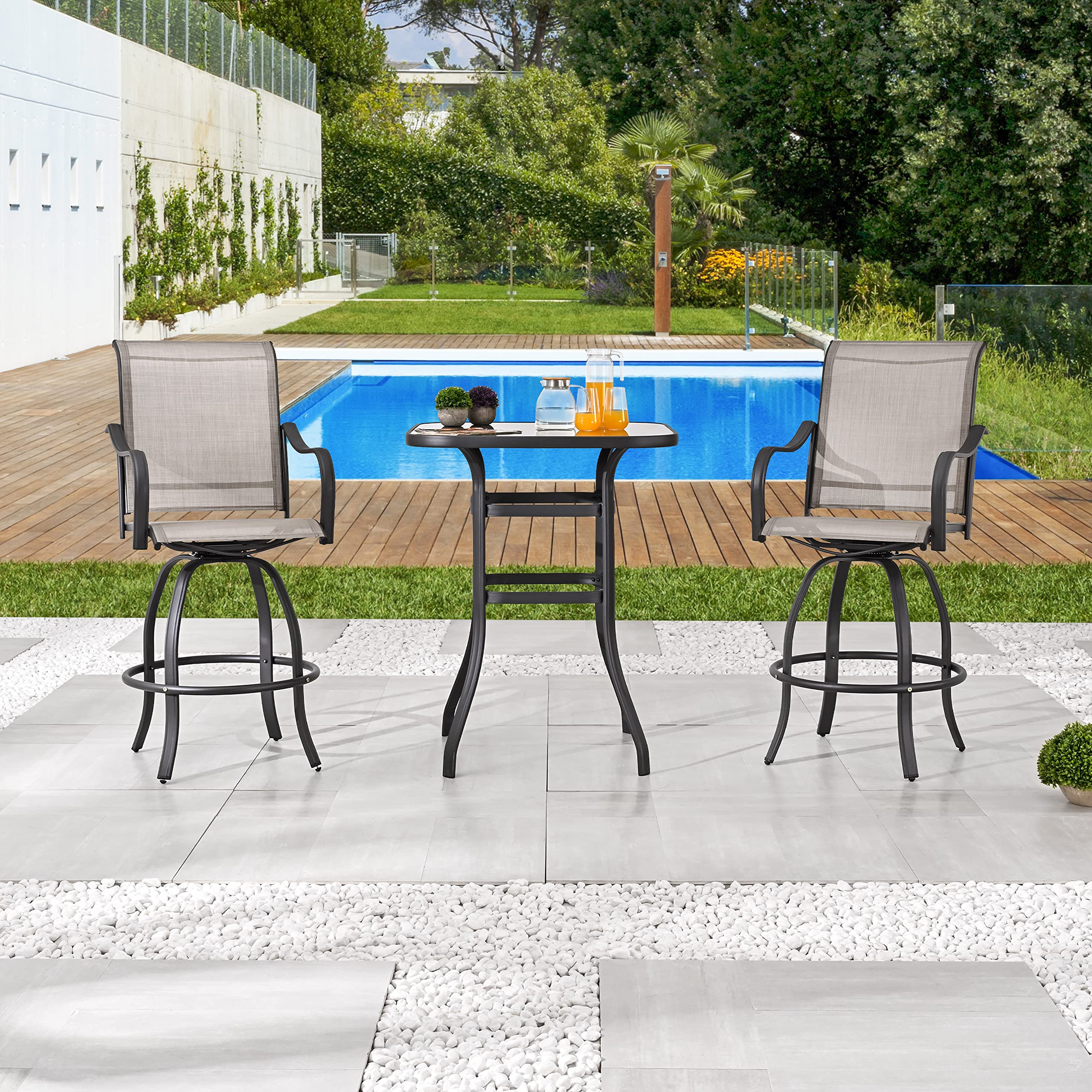 LOKATSE HOME 3-Piece Bar Height Bistro Patio Set with Swivel Chairs - High Top Outdoor Dining Table & Chairs for Backyard, Garden, Balcony - Weather-Resistant Grey Furniture for Entertaining & Relaxation