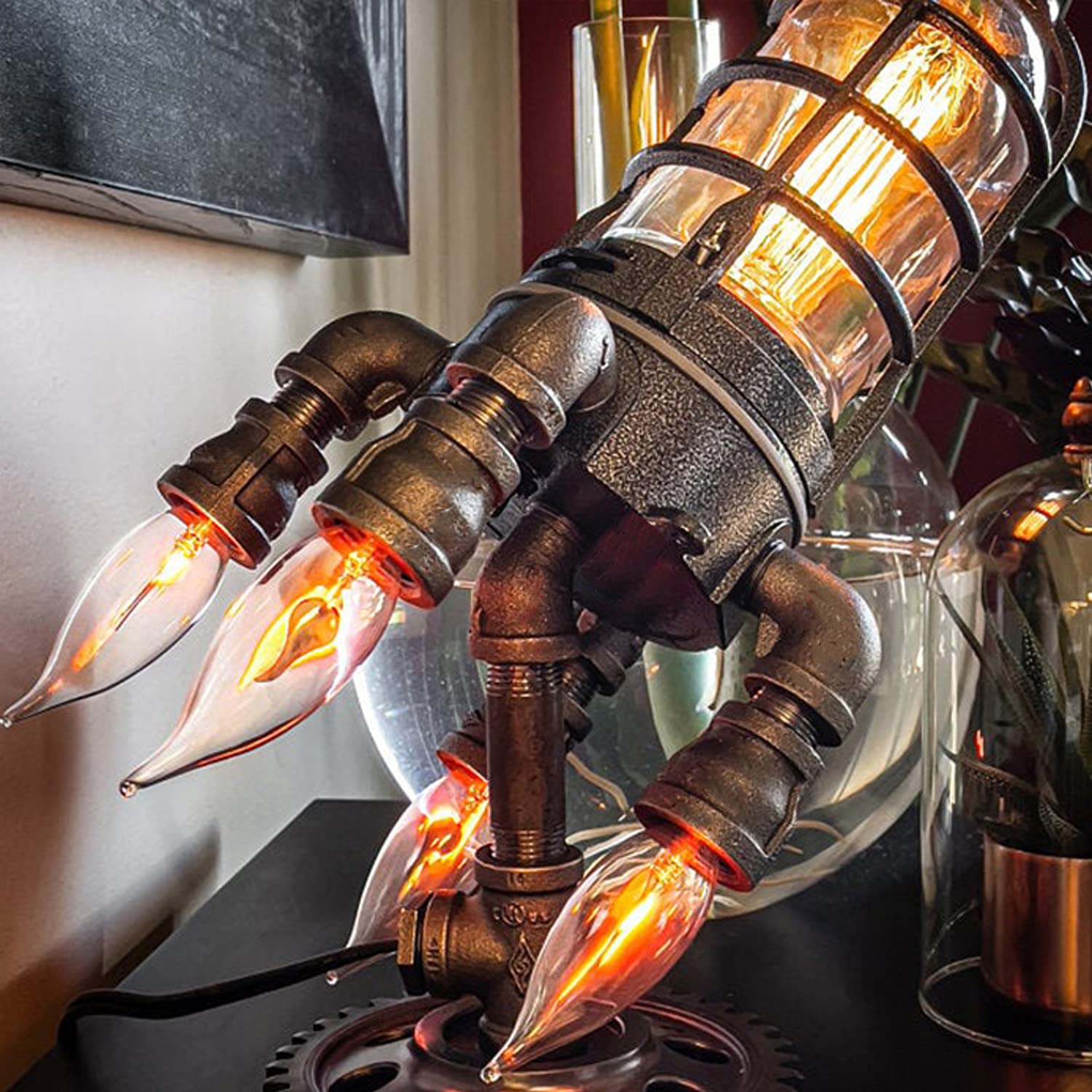 Vintage Steampunk Rocket Table Lamp with 4 E-12 Bulbs - Industrial Retro LED Flame Effect Light - Creative Home Office Bar Decor for Living Room, Study & Gaming Room