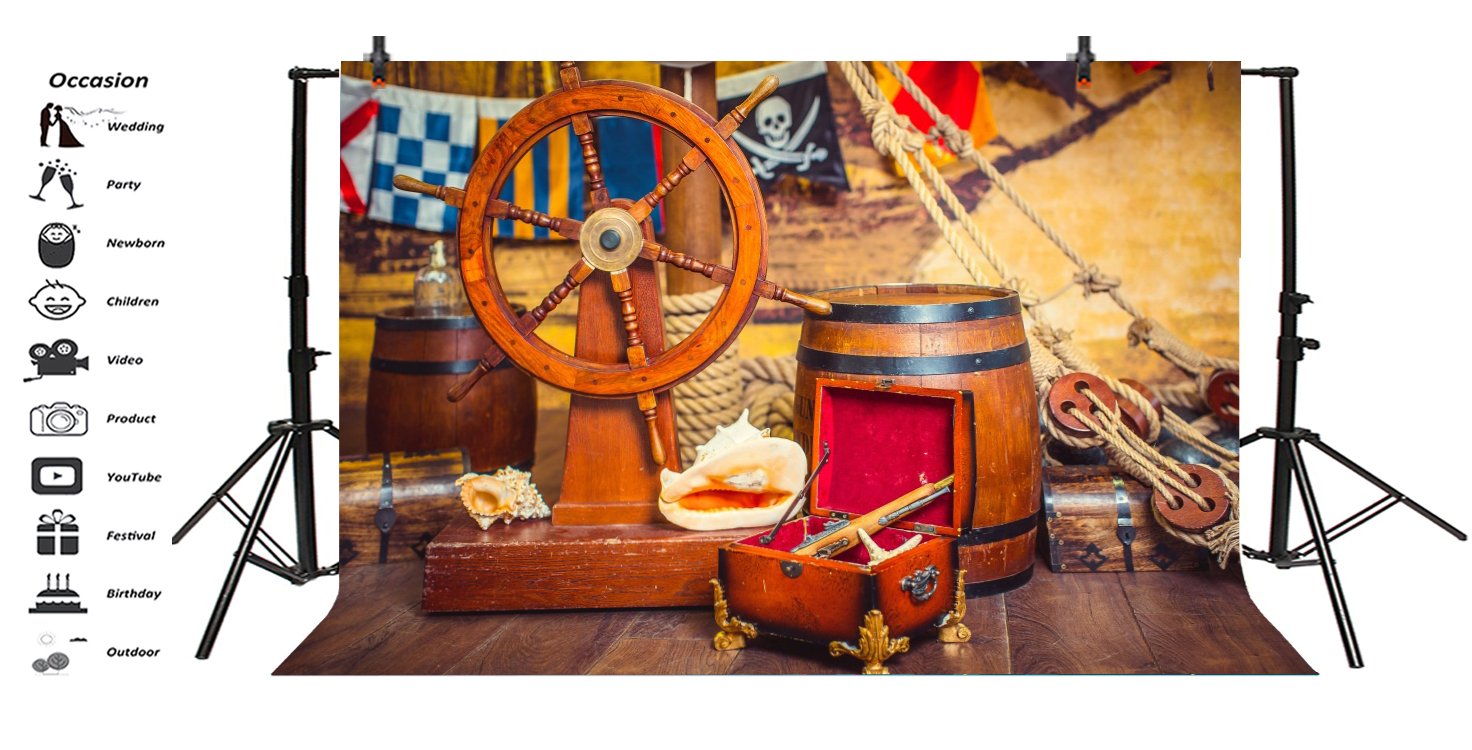 5x3ft Pirate Theme Vinyl Photo Backdrop - Marine Corsair Treasure Hunt with Helm, Chest & Conches for Boys Birthday Party, Portrait Photography & Wall Decoration | Perfect for Pirate-Themed Events, Kids Room Decor & Adventure Photo Shoots