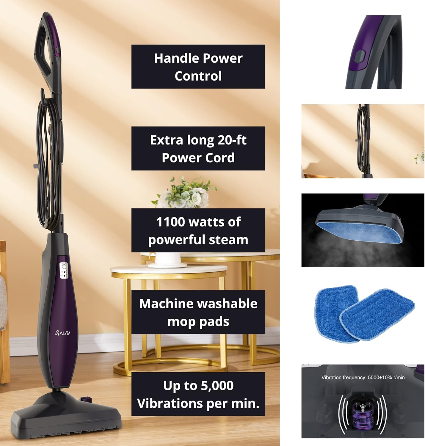 Salav STM 403 Dark Gray Midnight Pet Hair Steam Mop with Vibrating Motion Technology - Includes Washable Mop Pads, Water Cup & Carpet Glider Accessories - Perfect for Hardwood Floors, Tile & Pet Hair Removal