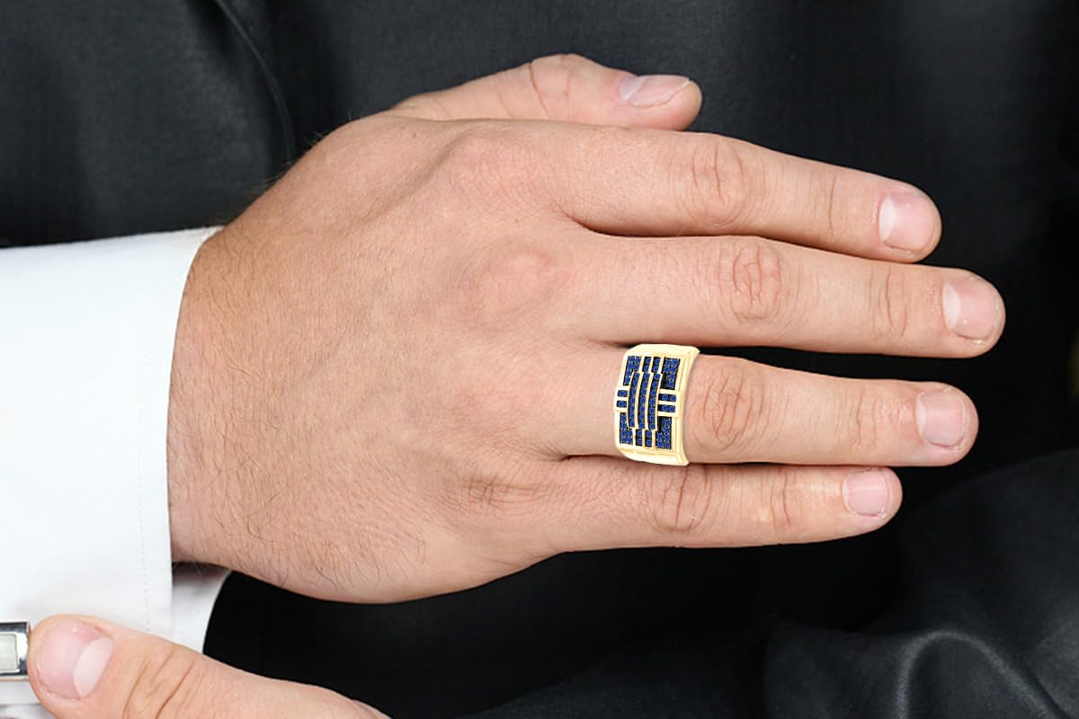 14k Gold Over Sterling Silver Round Cut Simulated Blue Sapphire Men's Band Ring - Elegant Jewelry Gift for Father's Day, Wedding, Anniversary & Special Occasions