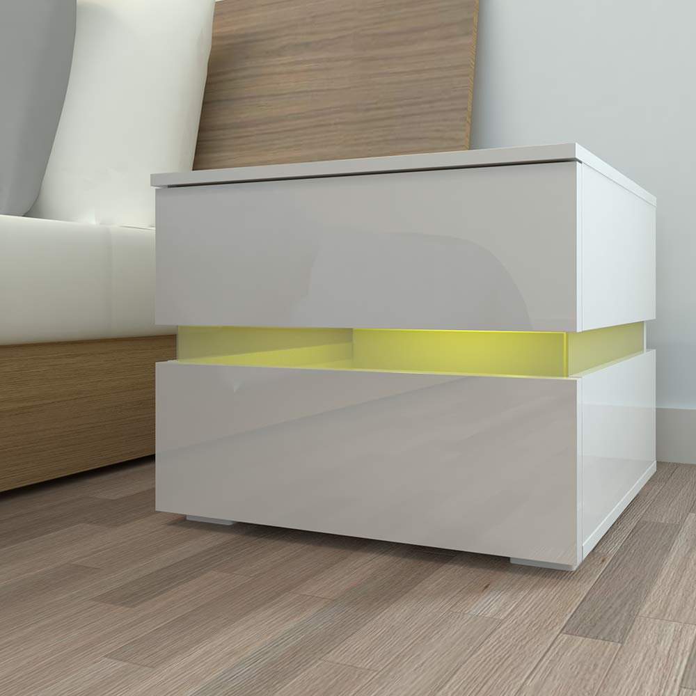 Modern White High Gloss LED Nightstand with 2 Drawers - Multi-Color LED Strip Lighting, P2 Board Side Table for Bedroom - Perfect as Bedside Table, End Table or Contemporary Night Stand (Style 1)