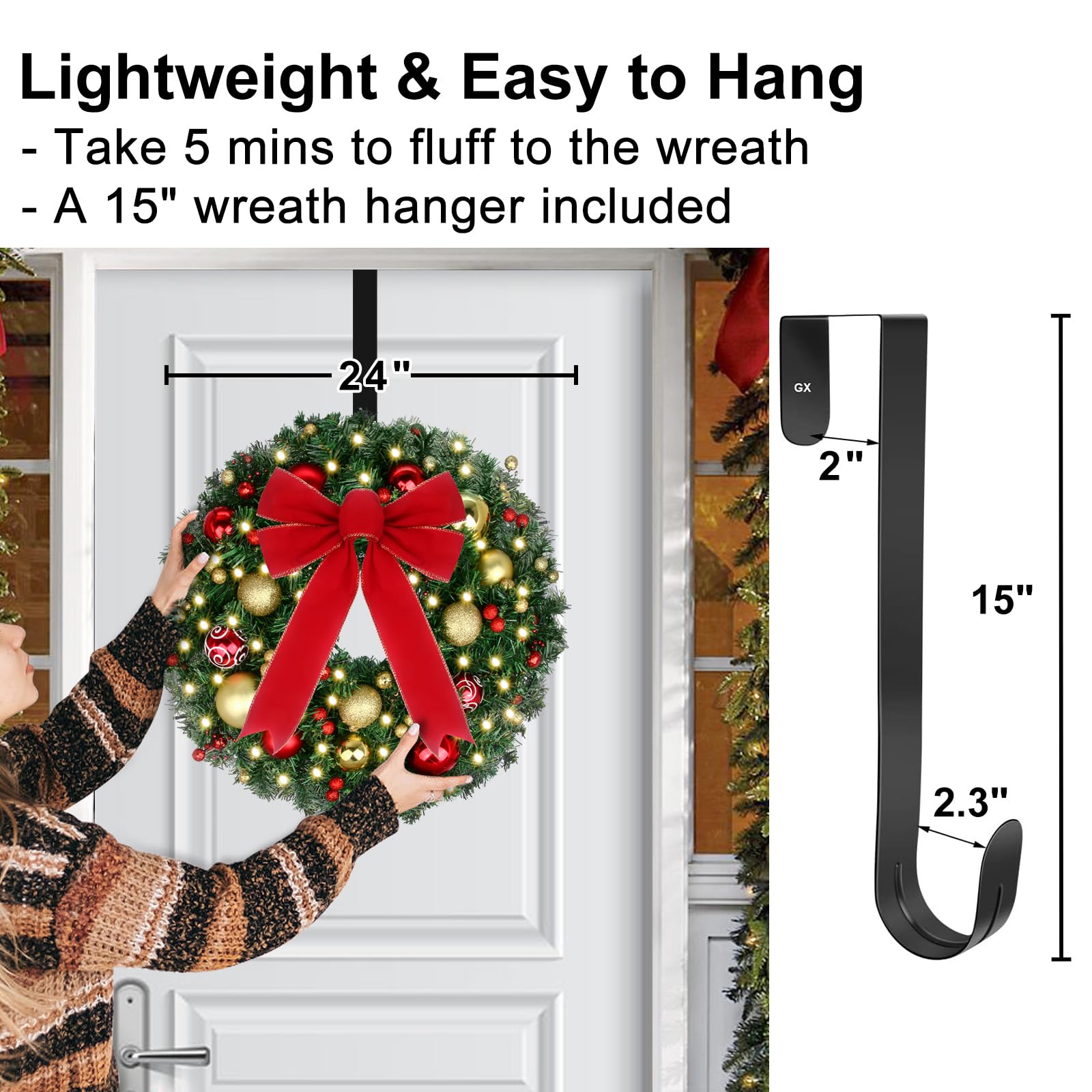 24 Inch Prelit Christmas Wreath with Battery Operated LED Lights & Remote - Waterproof Outdoor Holiday Door Wreath with Timer, 50 Warm White LEDs, Wreath Hanger & Ball Ornaments - Perfect for Front Door, Fireplace, Window & Christmas Home Decorations