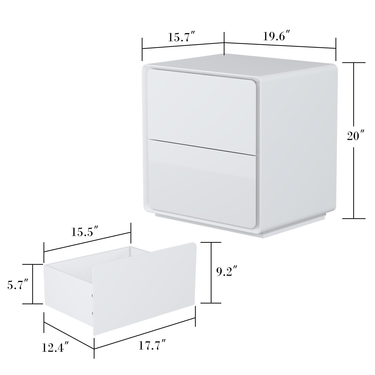 Homsee Nightstand Set of 2 - Modern White Bedside Tables with 2 Drawers & Built-in Light, Round Edge End Tables for Bedroom & Living Room (19.6”L x 15.7”W x 20”H) - Perfect for Small Spaces, Apartment Decor & Guest Rooms