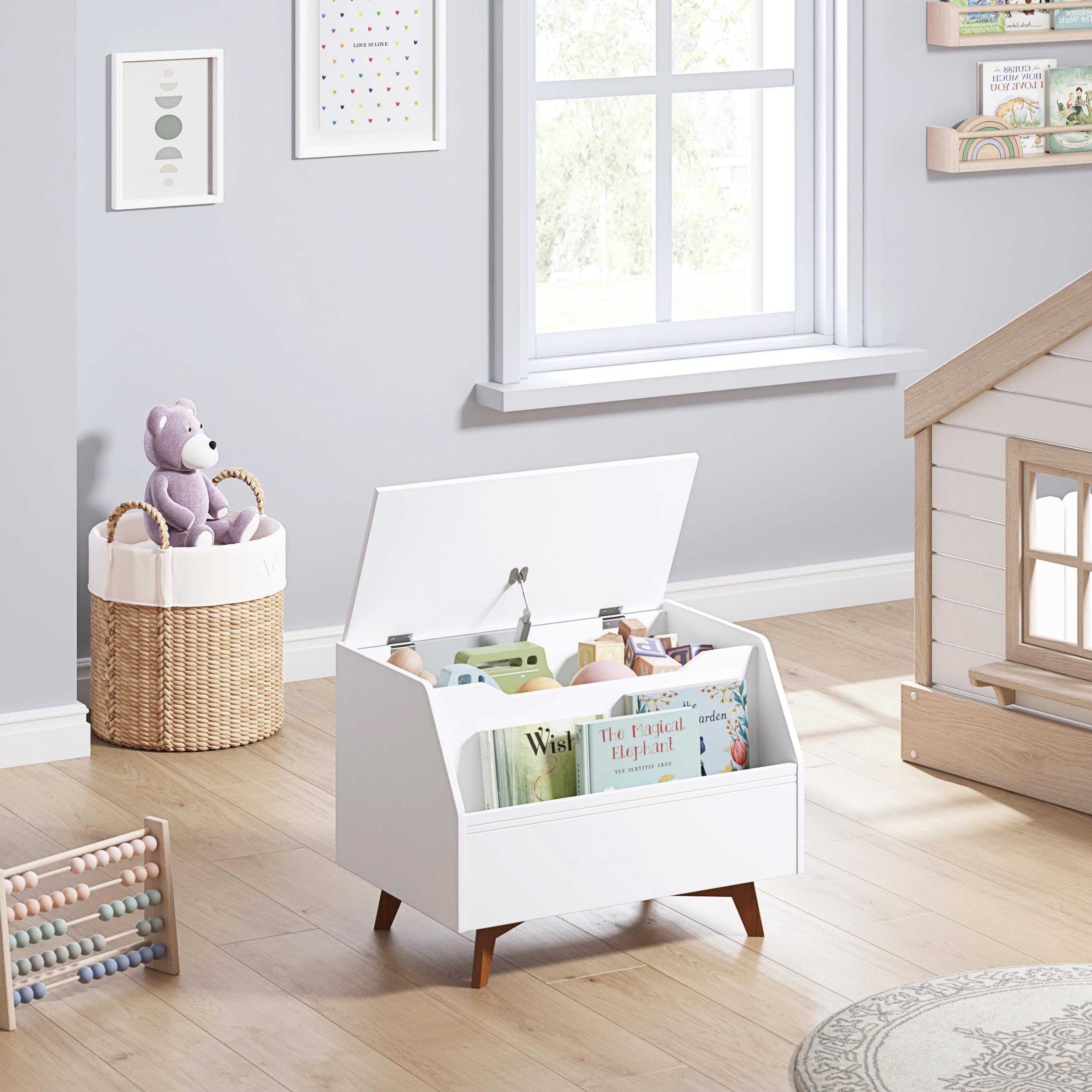 UTEX Wooden Toy Chest for Kids - Storage Organizer Bench with Book Storage Area, White Children's Furniture for Bedroom & Playroom - Perfect for Boys and Girls Toys & Books Organization
