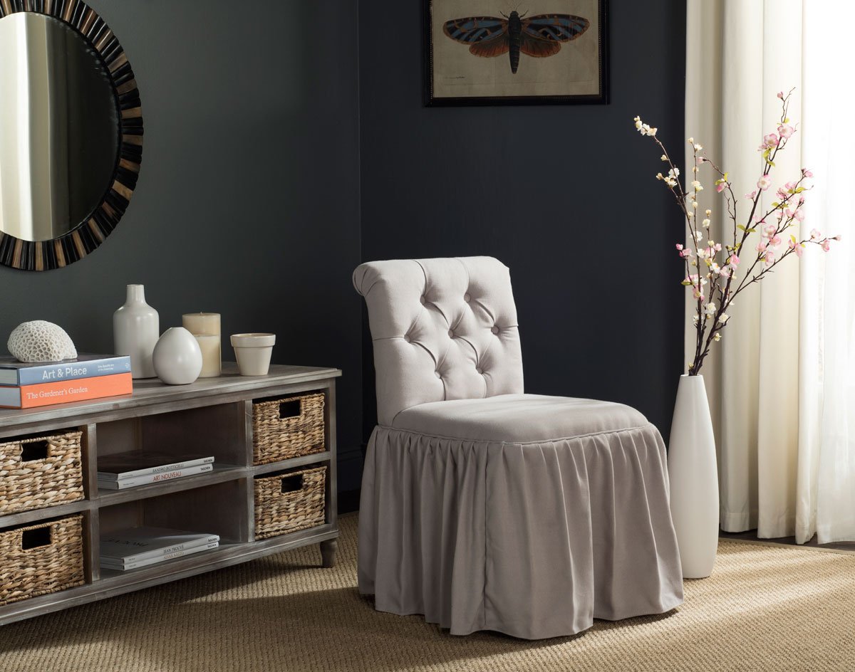 Safavieh Mercer Collection Allie Taupe Vanity Chair - Elegant Makeup Dressing Stool with Upholstered Seat for Bedroom, Boudoir & Vanity Area