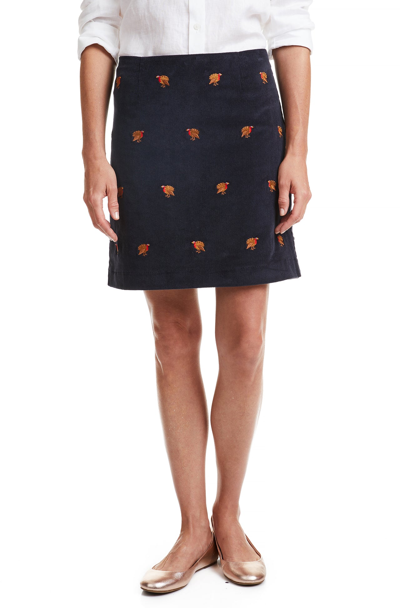 Women's Corduroy Skirt - Nantucket Navy with Turkey Print | Casual A-Line Midi Skirt for Fall & Winter | Perfect for Office, Date Night & Holiday Outfits