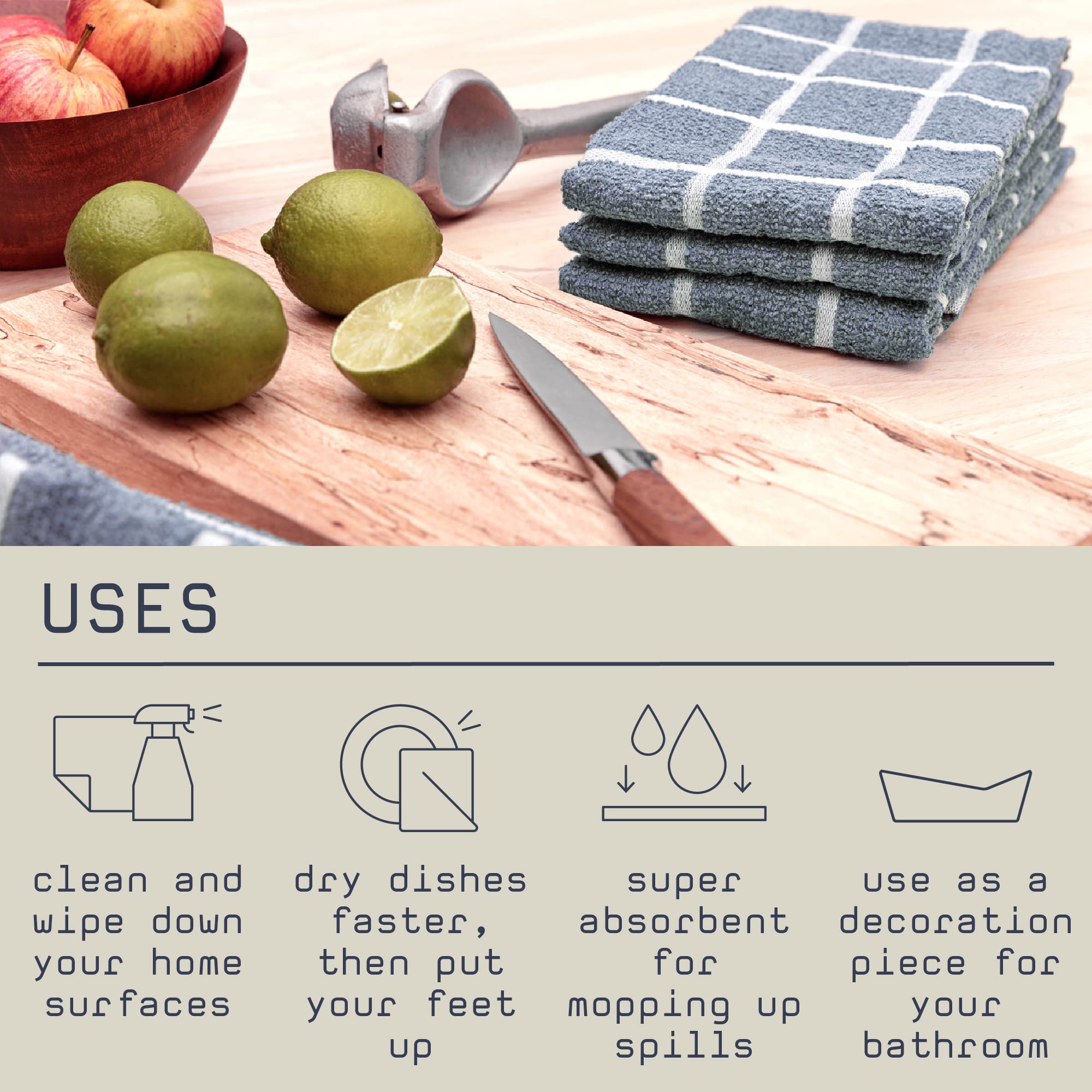 MEEMA Super Absorbent Kitchen Towels Set of 4 - 15x29 Inch Eco-Friendly Upcycled Cotton Terry Tea Towels | Dish Drying, Counter Cleaning & Hand Wiping | Machine Washable (Blue)