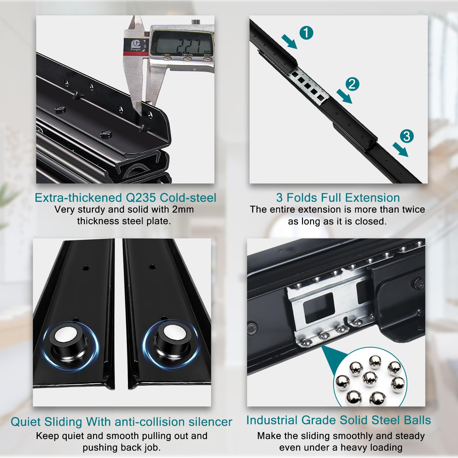 Heavy Duty Undermount Drawer Slides - Full Extension Bottom Mount Ball Bearing Rails (16/24/32/40 Inch) - 200 lb Capacity - Hidden Metal Track Guide Glides - 1 Pair (Black, 40 Inch/1000mm) - Perfect for Kitchen Cabinets, Office Furniture & Storage Drawers