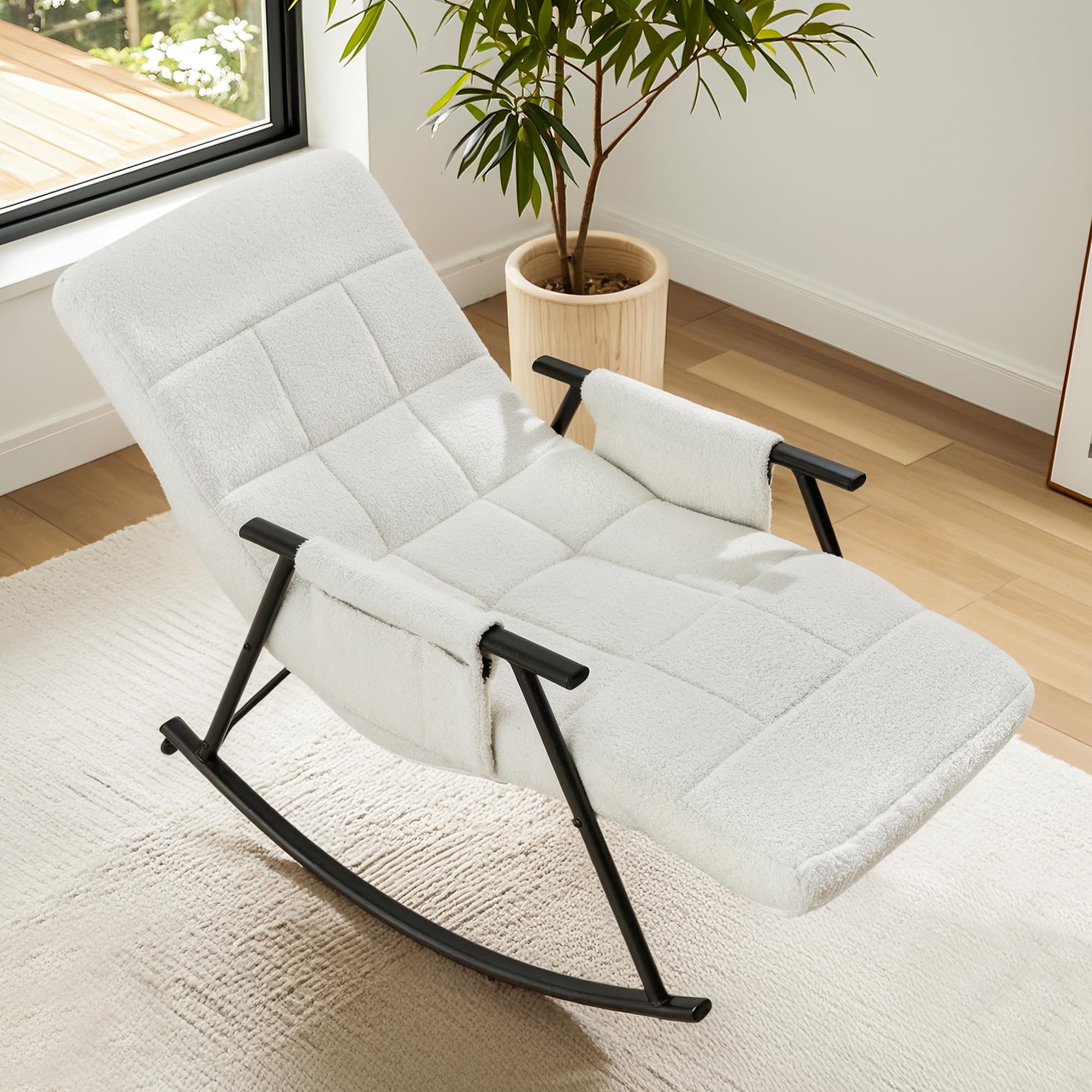 VECELO High Back Nursery Rocking Chair with Footrest - Teddy Upholstered Reclining Glider Rocker - Comfortable Armchair with Padded Seat & Removable Side Pockets - Perfect for Nursery, Living Room, Bedroom & Balcony - White