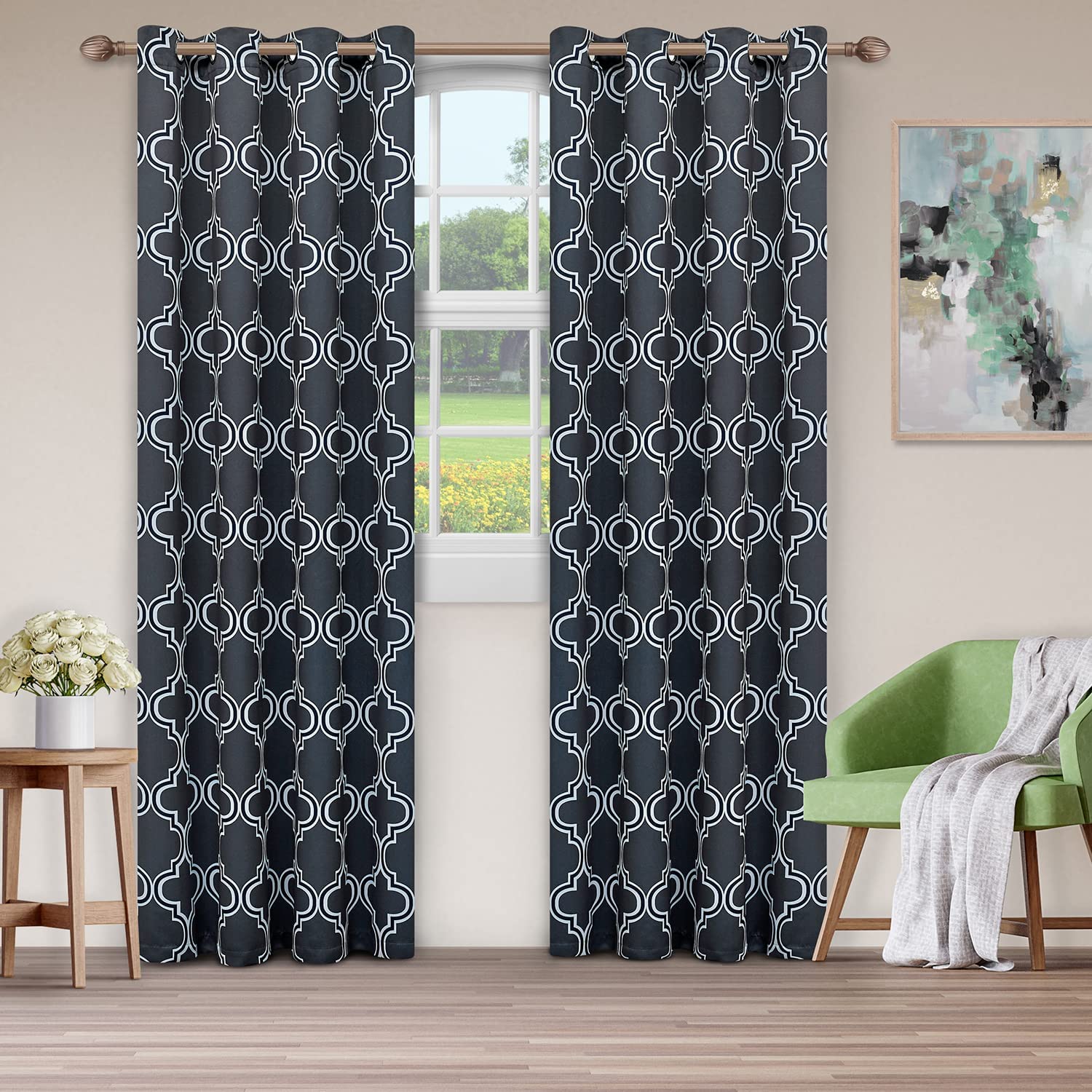 Bohemian Trellis Printed Blackout Curtains with Grommet Top - 2 Panels Set for Living Room & Bedroom - Noise Reducing & Light Blocking Window Drapes for Home Decor