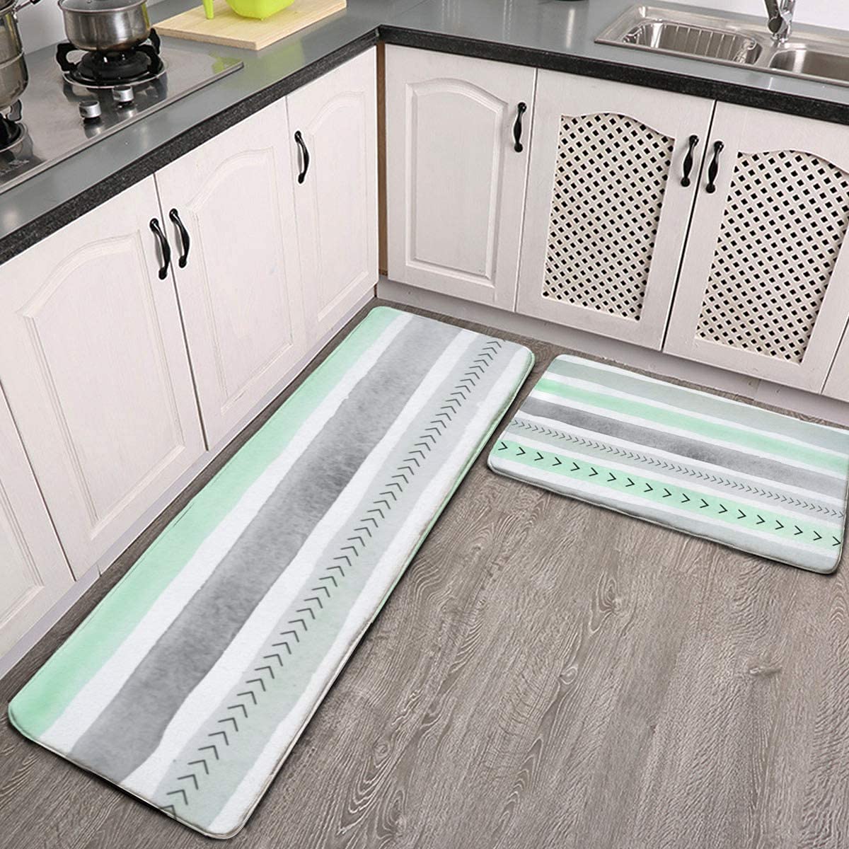 2-Piece Non-Slip Kitchen Rug Set - Mint Green & Gray Watercolor Stripes Flannel Mats, Washable Durable Runner Rugs for Kitchen Floor, Entryway, Bathroom & High-Traffic Areas