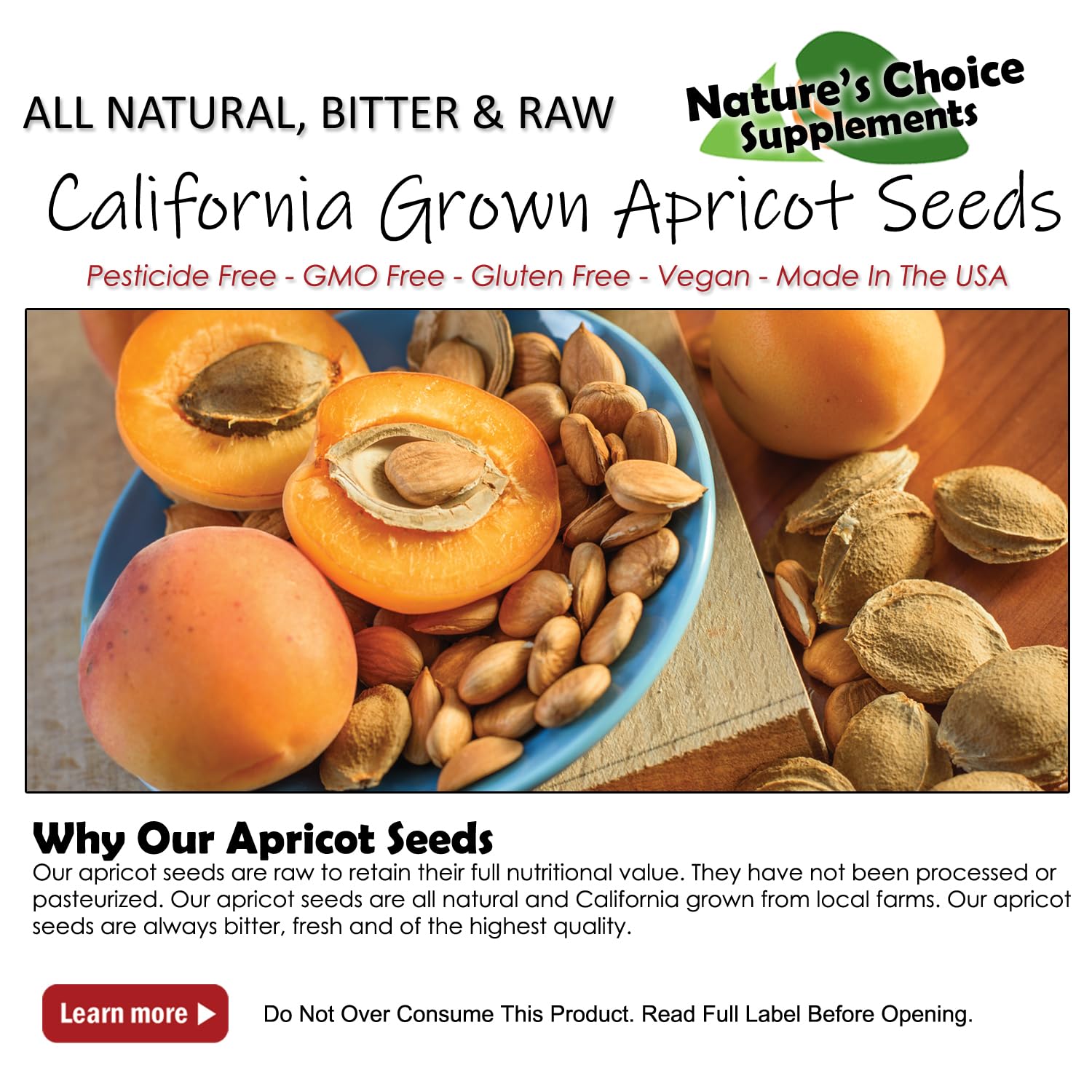 Organic California Grown Bitter Apricot Seeds - Raw, All Natural, Non-GMO - 1 LB Pack for Baking, Snacking & Healthy Recipes