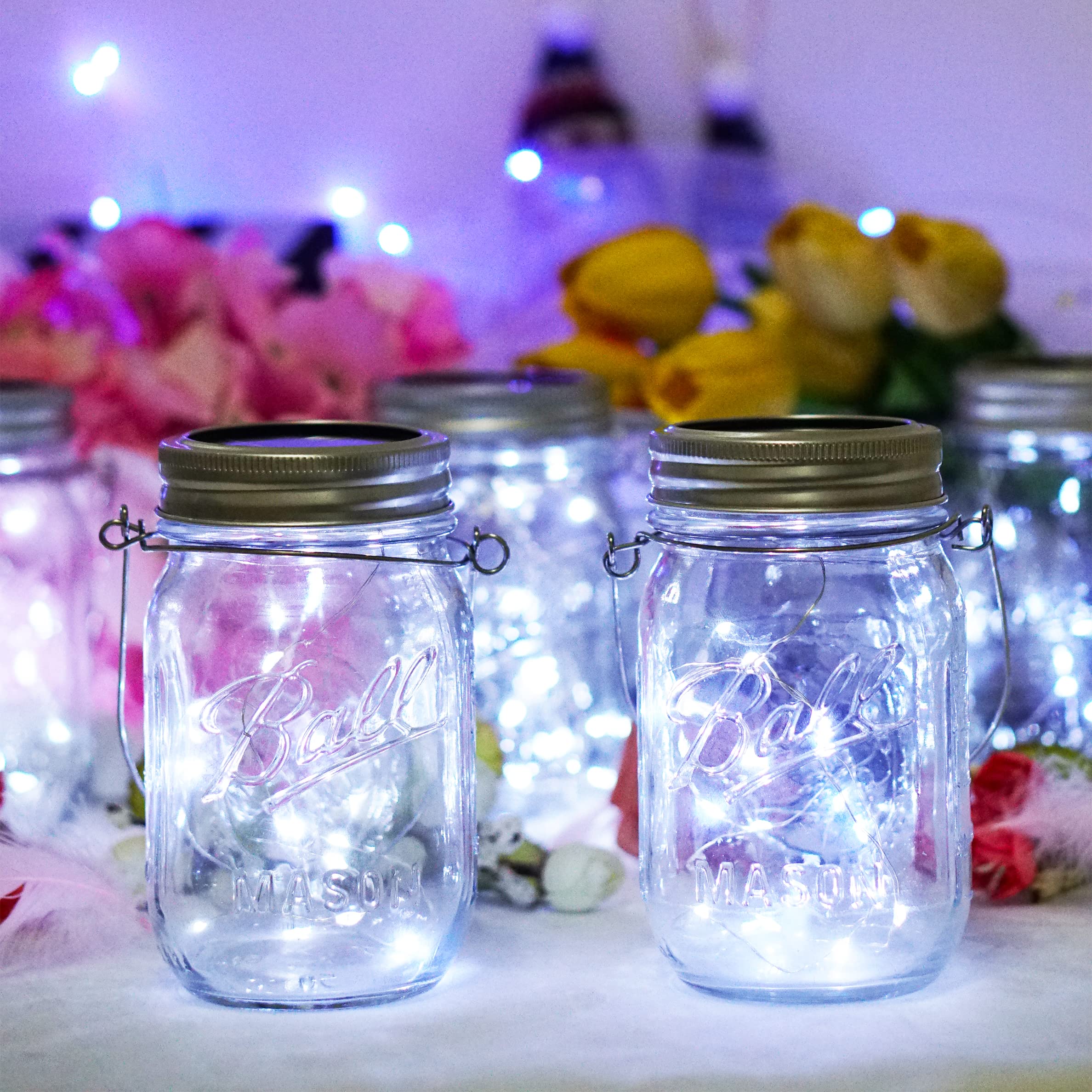 SmilingTown Solar Mason Jar String Light Lids - 12 Pack with 30 LED Fairy Firefly Lights, 12 Hangers & Waterproof Design for Outdoor Garden, Patio, Lawn & Tree Decor (Cool White) | Perfect for Weddings, Parties & Backyard Ambiance