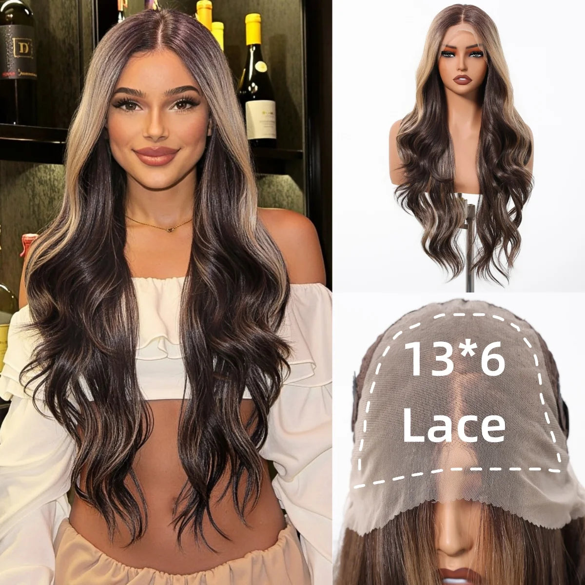 Long Brown Blonde Highlight Synthetic Hair Wig for Women - Natural Looking Straight Shoulder Length Cosplay Costume Party Daily Wear