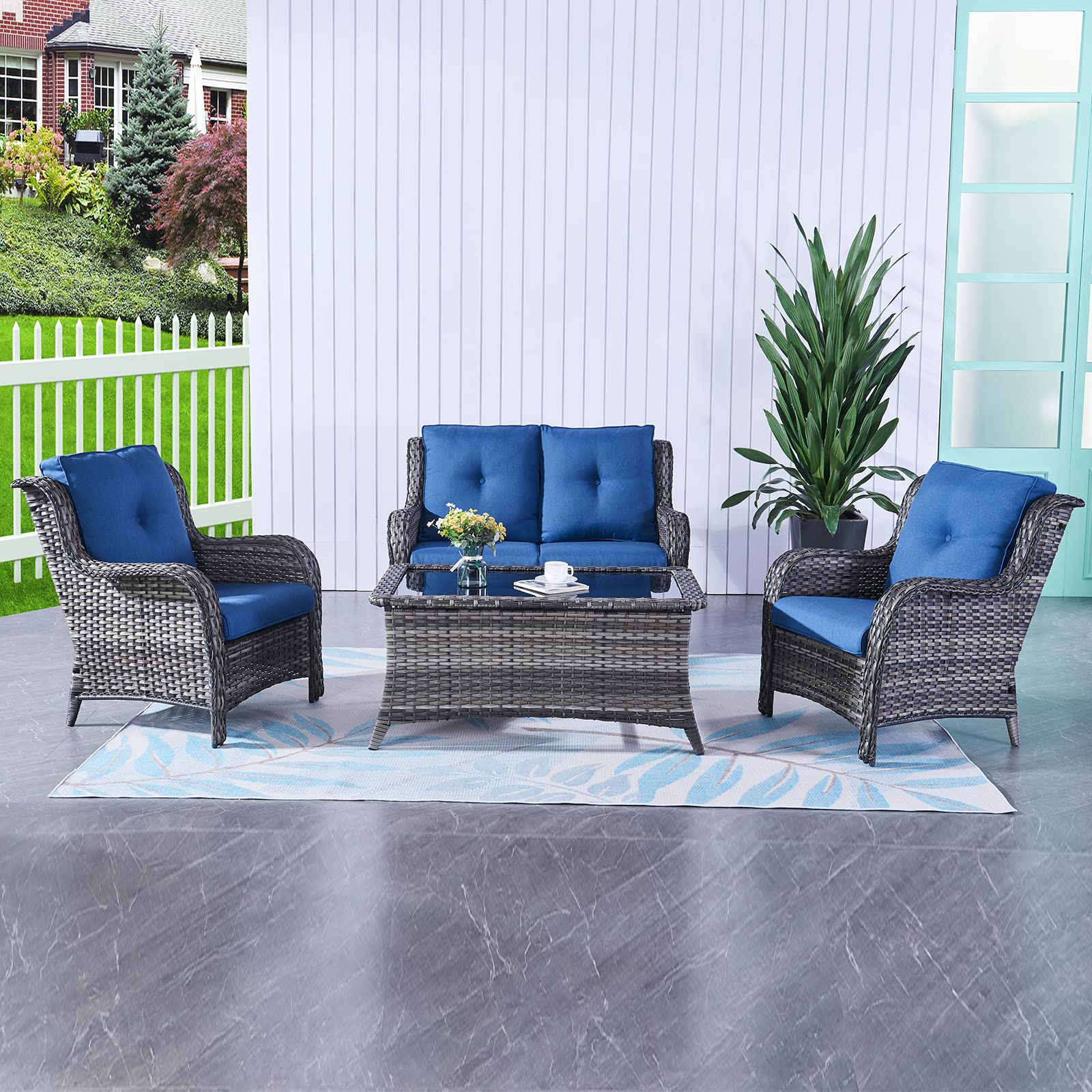 HUMMUH 4-Piece Outdoor Patio Furniture Set - PE Wicker Rattan Loveseat Sofa, 2 Chairs & Coffee Table - Weather-Resistant Garden, Poolside, Backyard, Deck Conversation Set for Relaxing & Entertaining