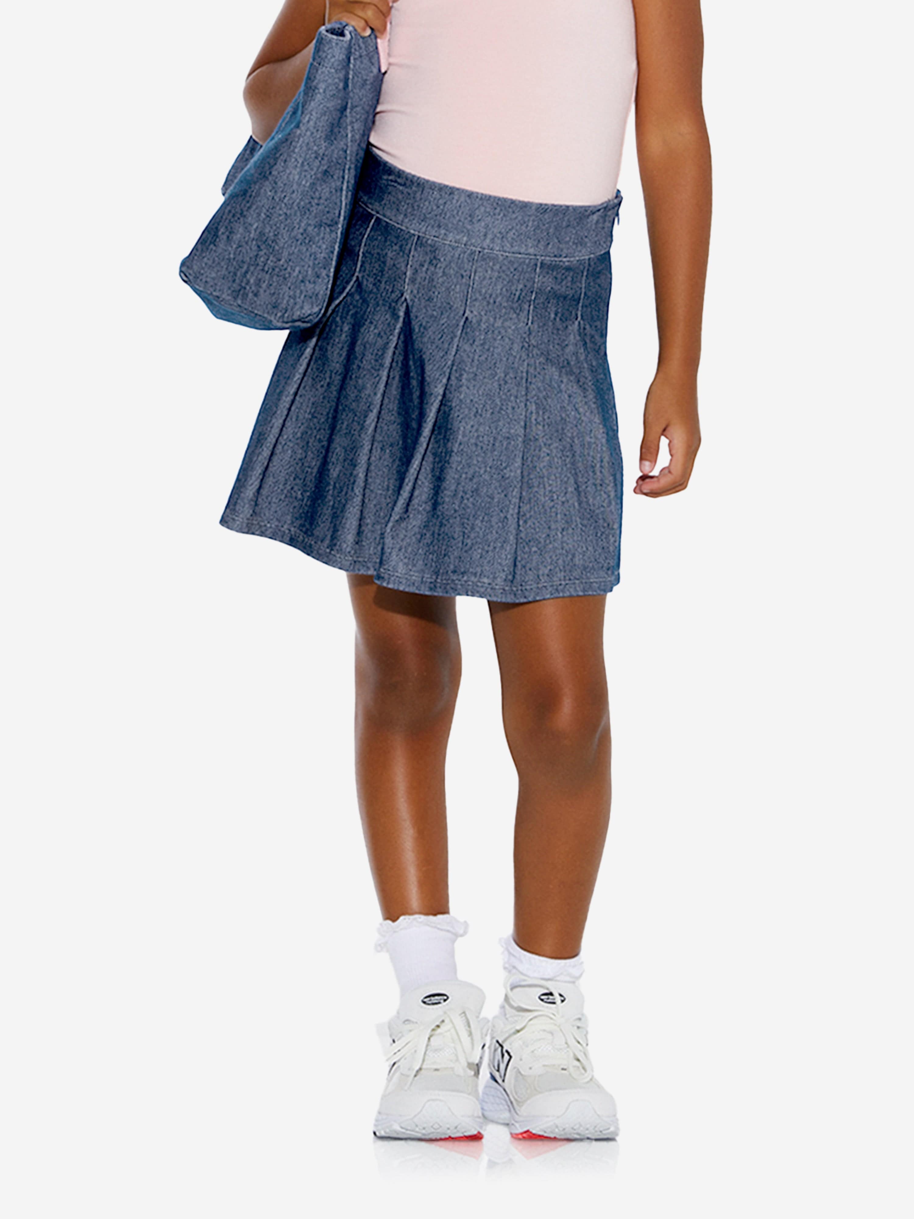 AY by AYLA Girls Denim Look Pleated Mini Skirt - Blue Denim Skirt for Teens, Stretch Waistband, Comfortable & Stylish | Perfect for School, Parties, and Casual Outfits