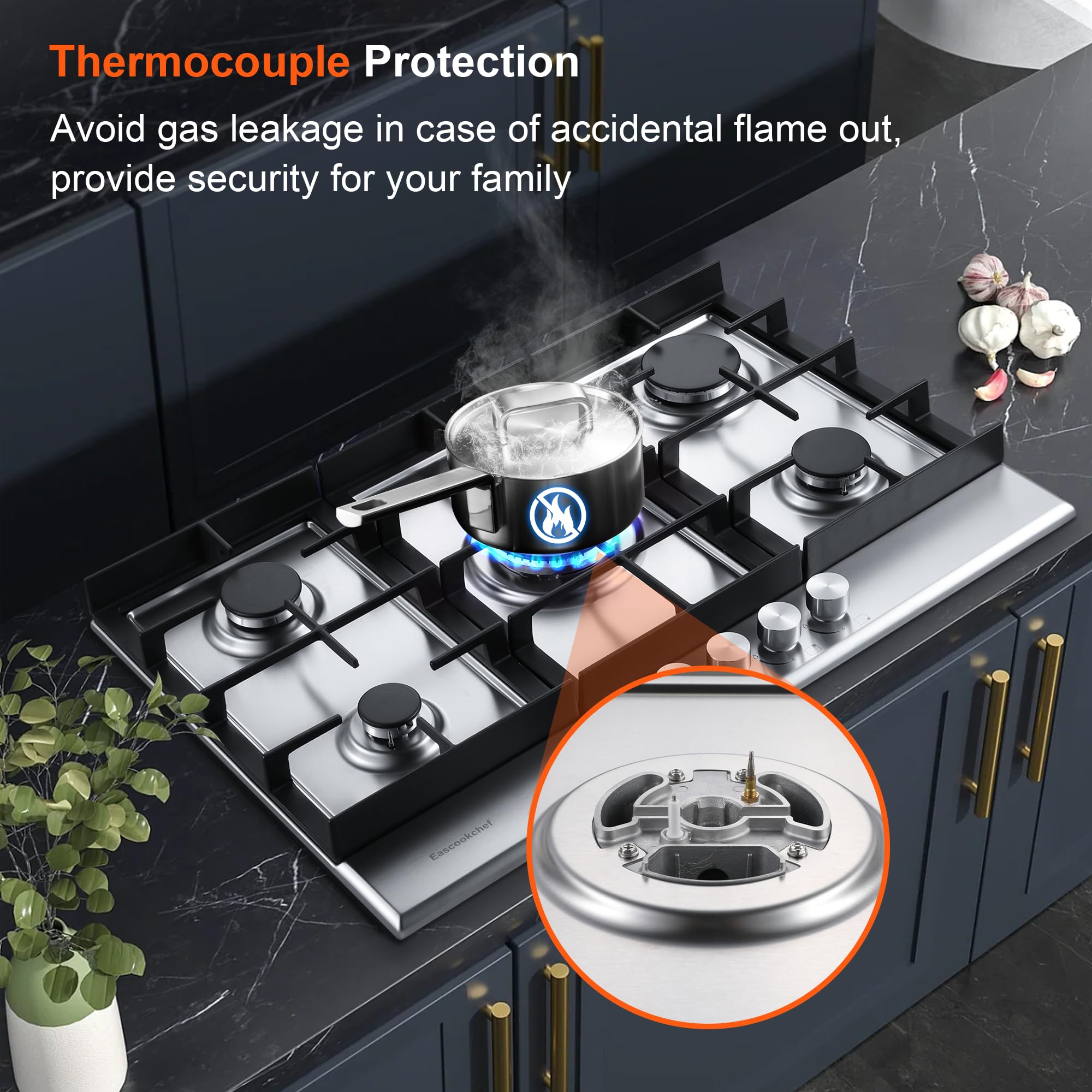30 Inch Stainless Steel Gas Cooktop with 5 High-Efficiency Burners - Built-In NG/LPG Convertible Gas Stove for Kitchen - Thermocouple Protection - Perfect for Home Cooking, Restaurant Use & RV Kitchens