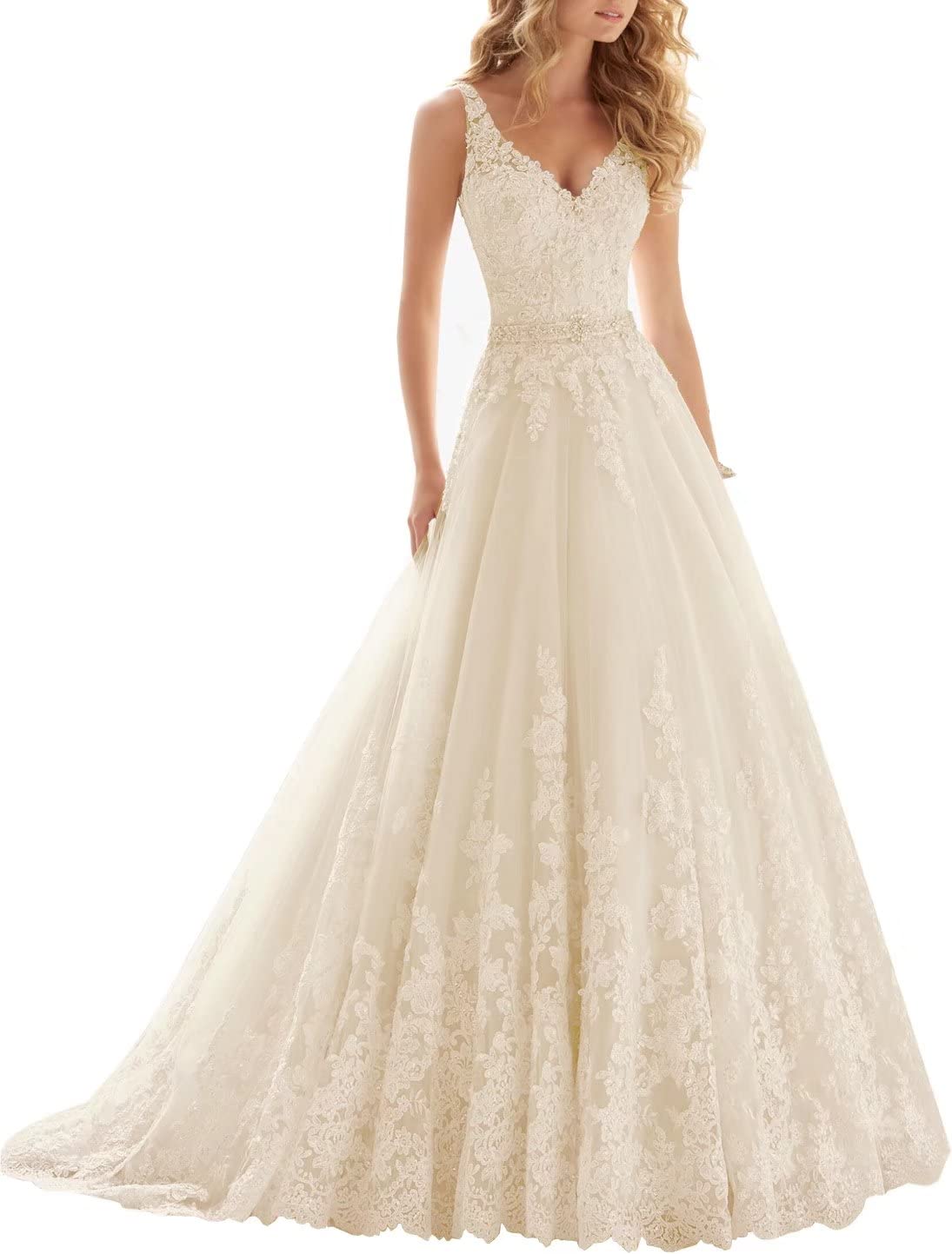 2023 Fair Lady V-Neck Lace Appliques Beaded Straps Wedding Dress for Bride - Elegant Bridal Gown for Women, Perfect for Church Ceremony, Beach Wedding & Reception Party