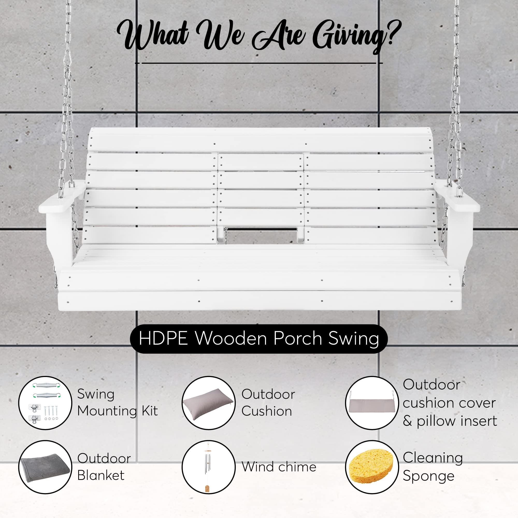 **Heavy Duty HDPE Poly Lumber Porch Swing with Mounting Kit - Outdoor Hanging Chair with Cup Holders & Steel Chains - Weather-Resistant Swinging Bench for Patio, Backyard, Garden (Brown/Black)**    **Perfect for:** Relaxing on your porch, enjoying backyard gatherings, or adding cozy seating to your garden.