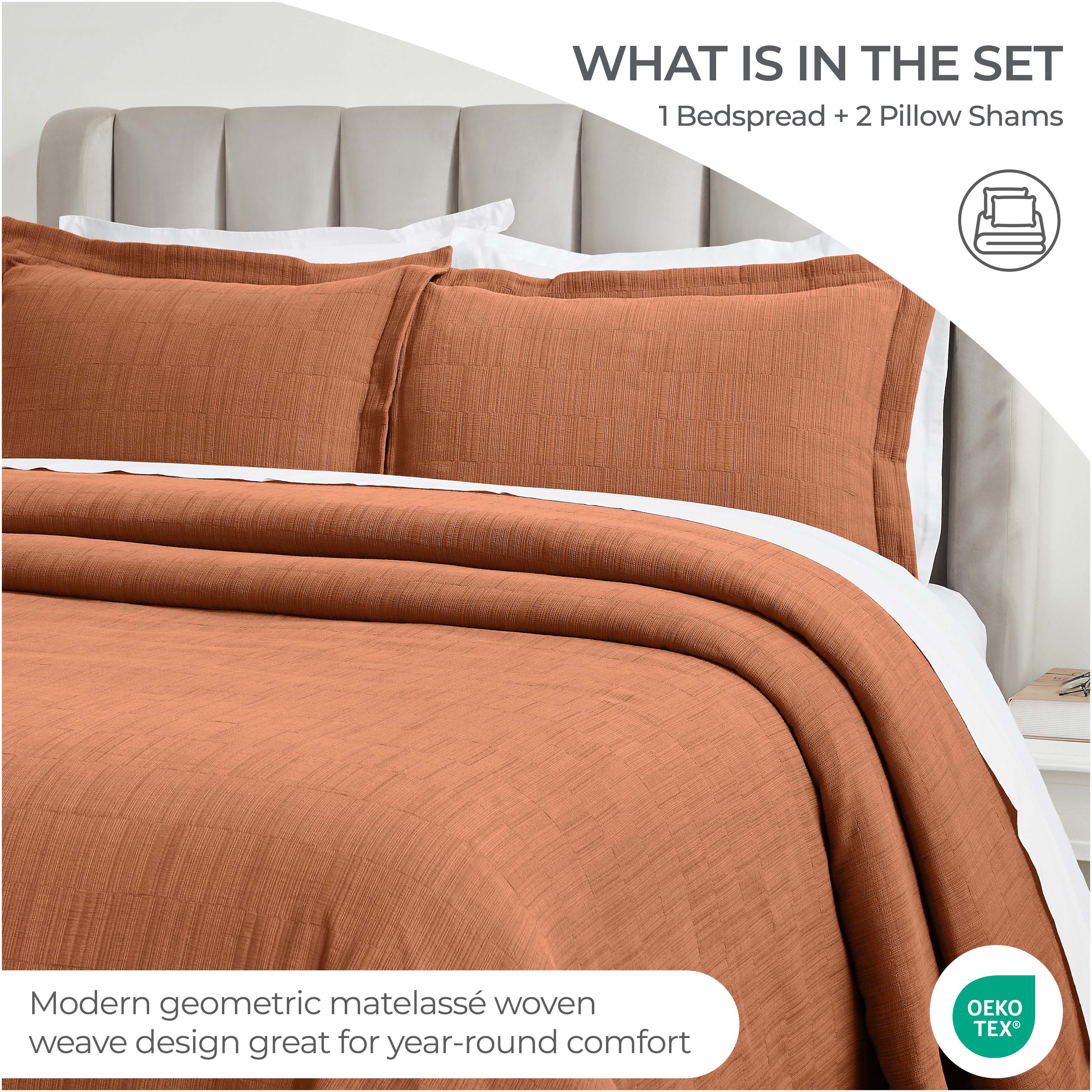 Premium Cotton Matelasse Bedspread Set with Shams - Medium Weight Luxury Bedding for Master Bedroom, Guest Room & Hotel Decor - Soft Textured Quilted Coverlet for Queen/King Size Beds
