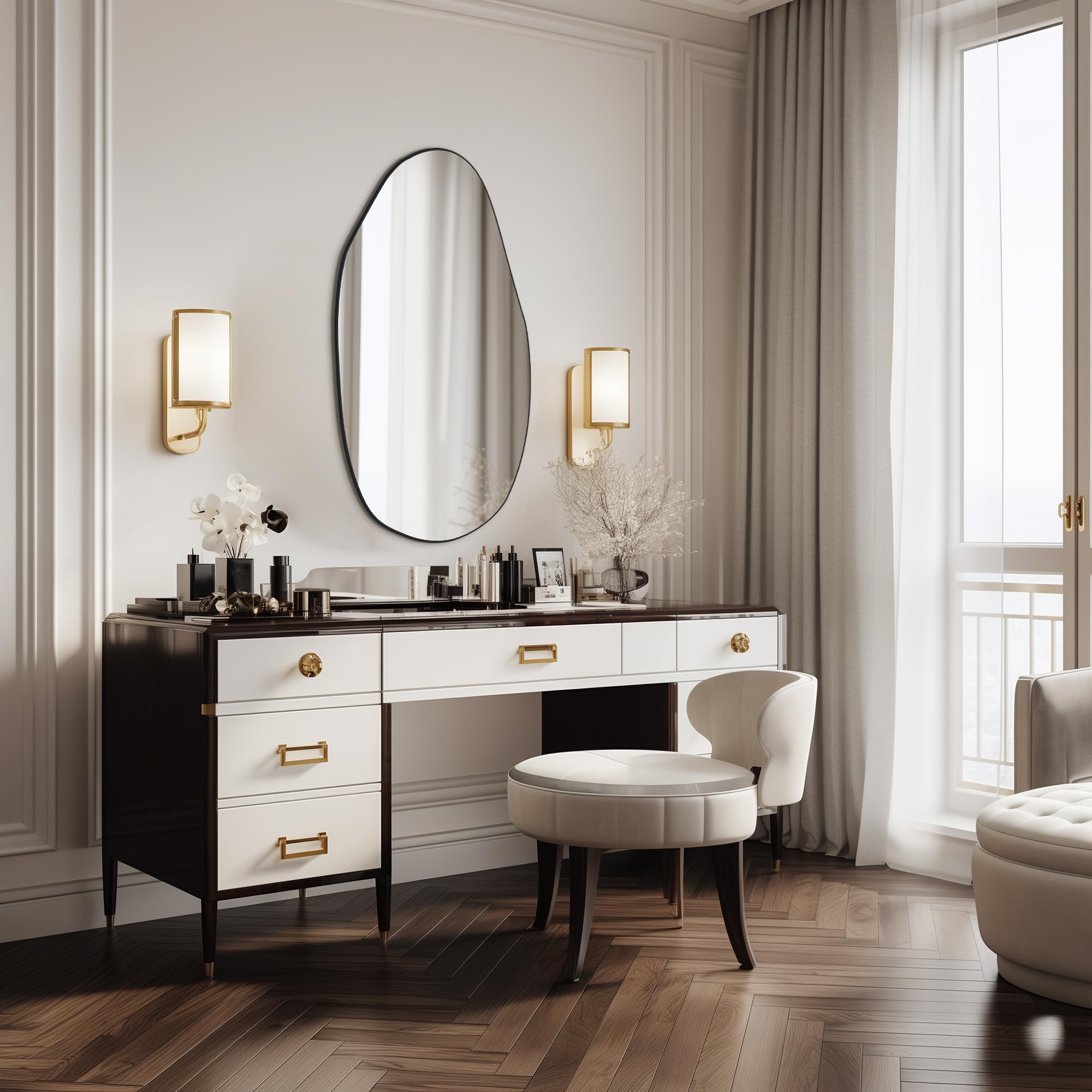Black Vanity Wall Mirror with Brushed Metal Frame - Rectangle Bathroom Makeup Mirror for Dressing Table & Bedroom Decor