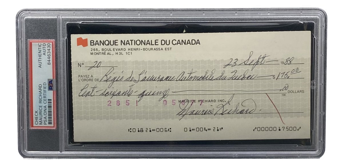Maurice Richard Autographed Montreal Canadiens Hockey Bank Check #20 - PSA/DNA Certified - Vintage NHL Memorabilia for Collectors & Sports Fans