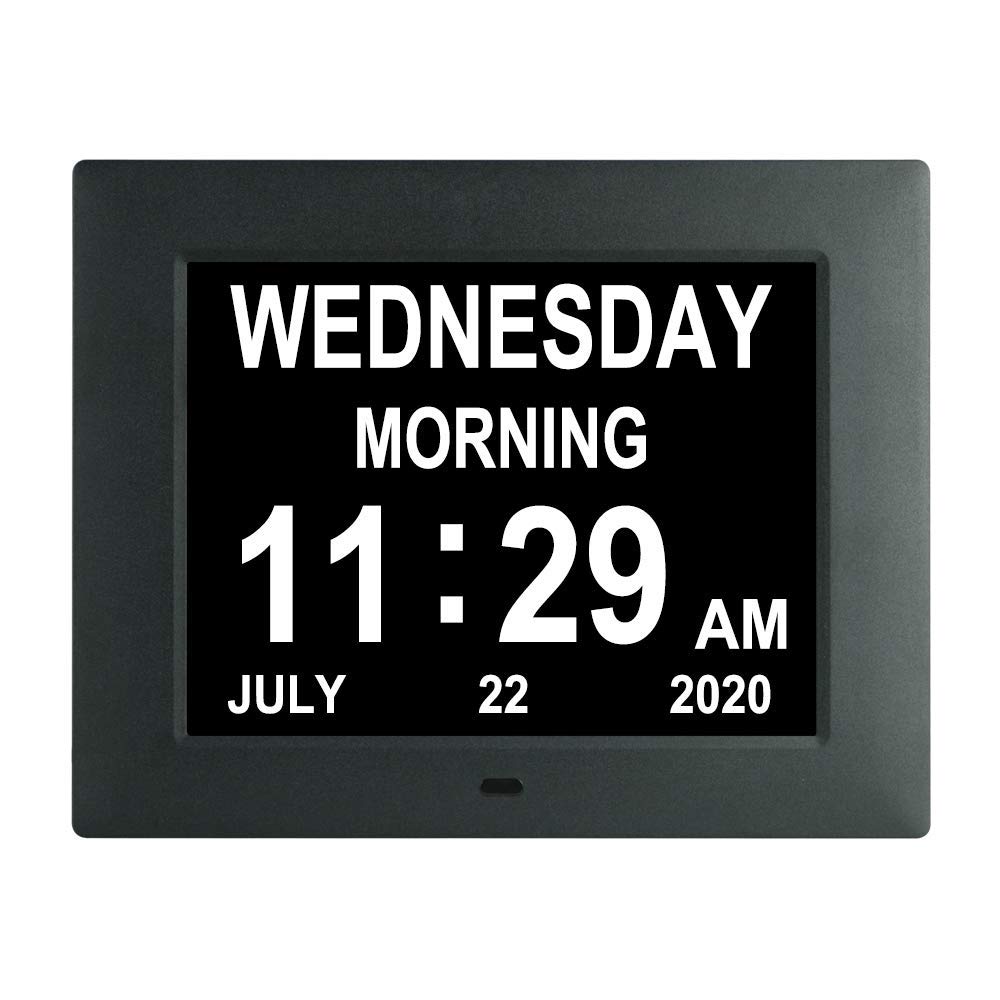7 Inch Large Digital Day Date & Month Calendar Clock with Auto-Dimming & 8 Alarms - Dementia Clock for Seniors with Impaired Vision - Perfect for Elderly Care, Nursing Homes & Memory Support