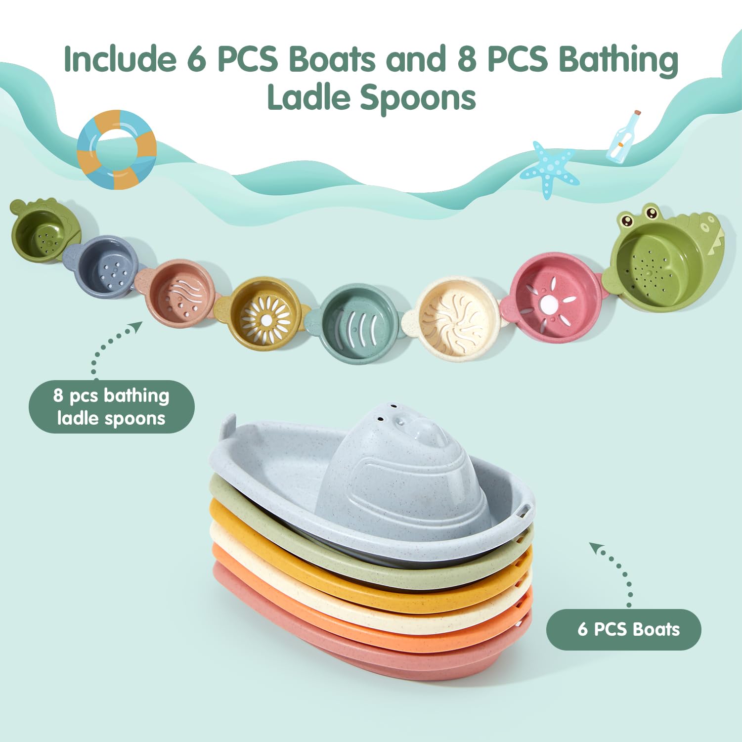 AMCHSURI 14 PCS Non-Toxic Bath Toys for Toddlers 1-3 Years - Stackable Boats & Cups, Mold-Free Bathtub Water Toys for Babies 6-12 Months - Early Learning Educational Gift for Sensory Play & Bathtime Fun