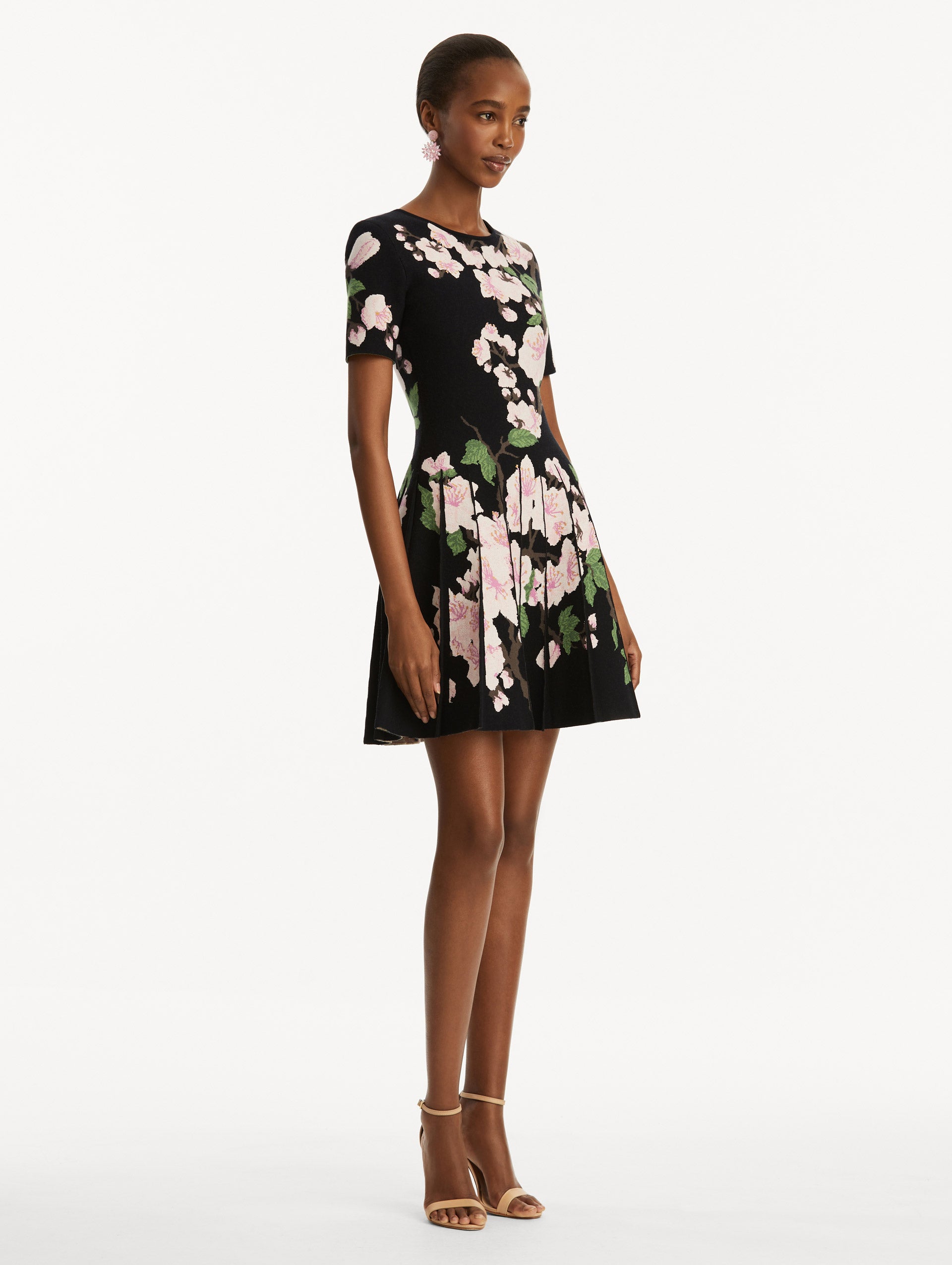 Elegant Cherry Blossom Pleated Jacquard Dress for Women - Floral Print Party & Wedding Guest Dress - Spring Summer Formal Occasion Wear