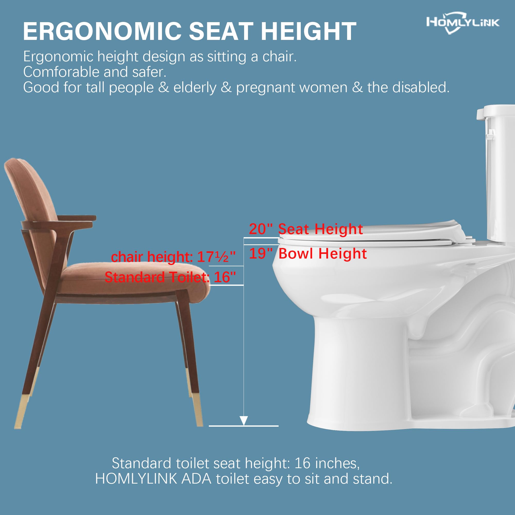 19 Inch Tall Toilet for Seniors & ADA Compliant - High Height Elongated Bowl (20
