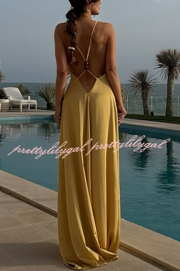 Golden Hour Plunge V-Neck Resin Beads Backless Maxi Dress for Women | Elegant Beach Wedding Party Evening Gown
