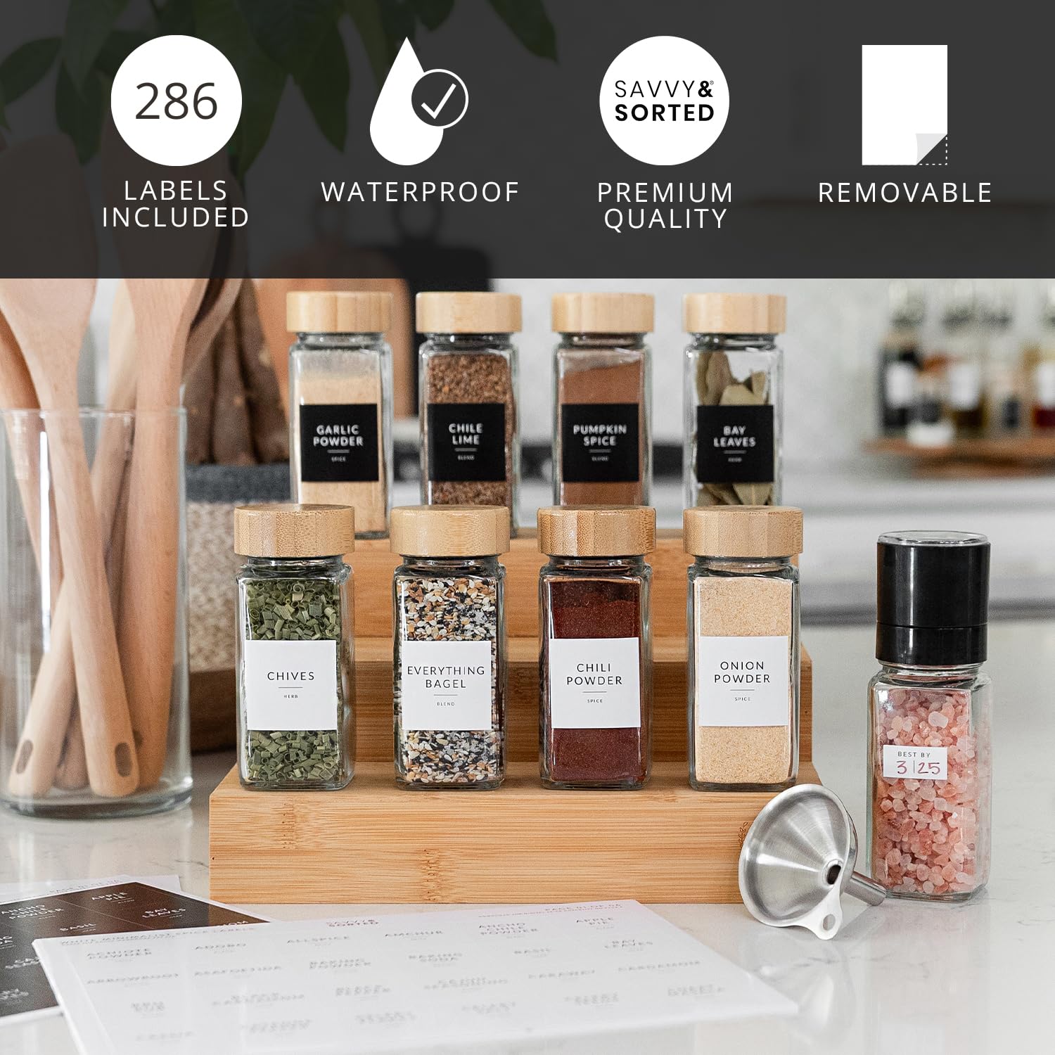 SAVVY & SORTED 24-Piece Glass Spice Jars Set with Bamboo Lids - 4oz Empty Herb & Seasoning Containers with 374 Spice Labels, Pepper Grinder, Funnel & Shaker Lids - Perfect for Kitchen Organization, Spice Storage & DIY Seasoning Gifts