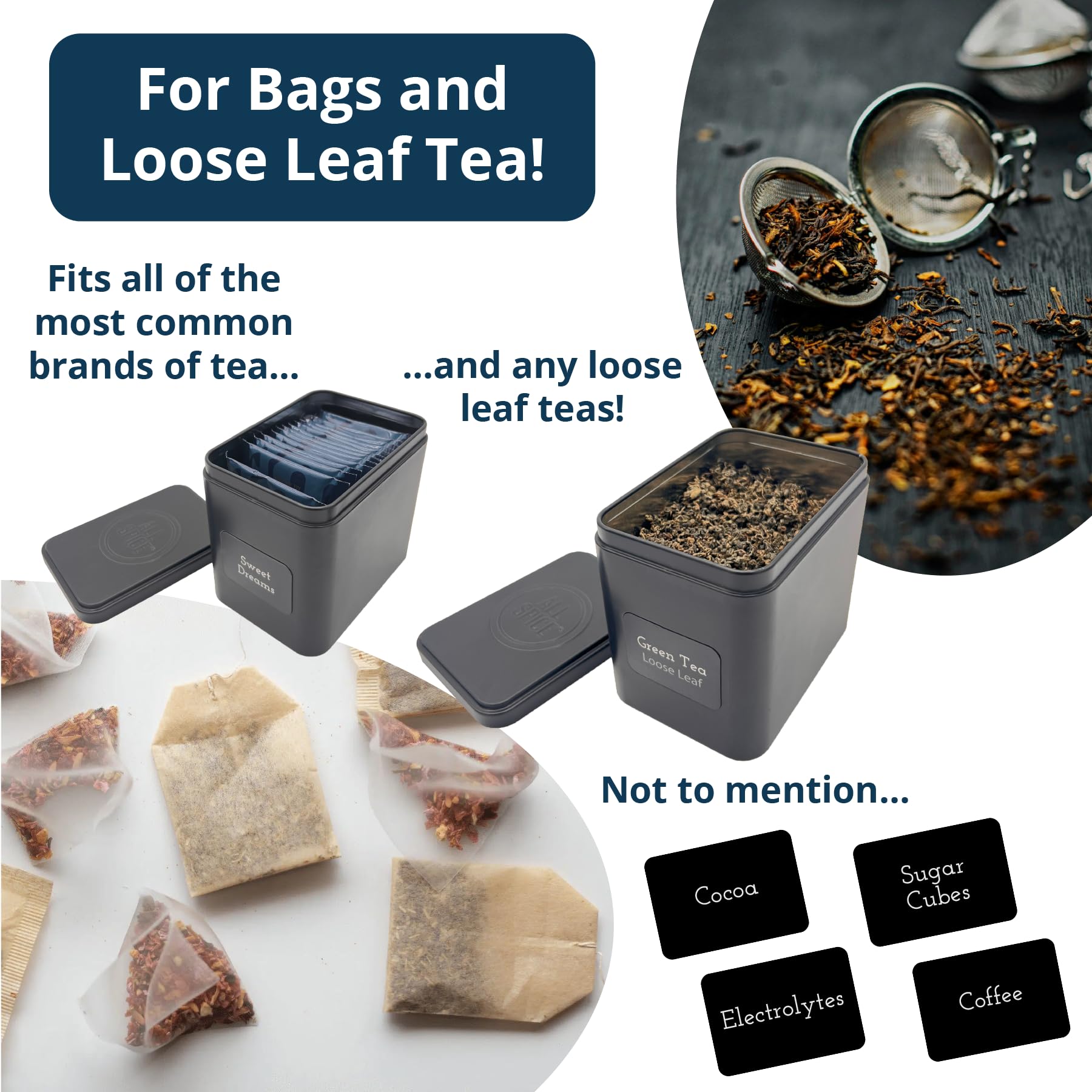 Premium AllSpice Tea Organizer Rack with 9 Airtight Tins & 160 Magnetic Labels - Perfect for Bagged & Loose Leaf Tea Storage - Black - Ideal for Kitchen Countertop & Pantry Organization