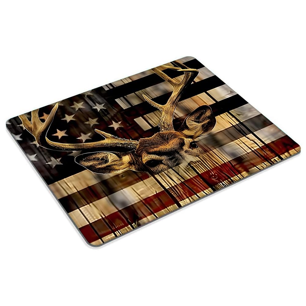 Wood Grain American Flag Hunting Deer Square Mouse Pad - Customized Texture, Washable Anti-Slip Rubber Base for Office & Laptop Use - Perfect for Gaming, Work, and Home Office Setup
