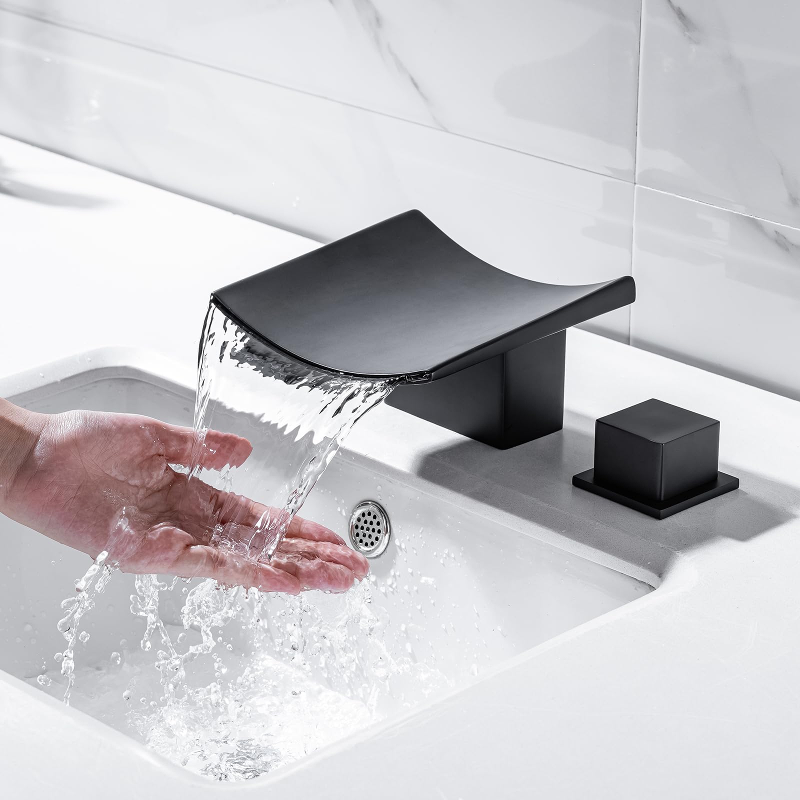 Modern Matte Black Bathroom Faucet - 3 Hole Widespread Dual Handle Brass Basin Mixer Tap with Supply Hoses - Waterfall Spout Design for Vanity Sink - Perfect for Contemporary Bathrooms & Powder Rooms