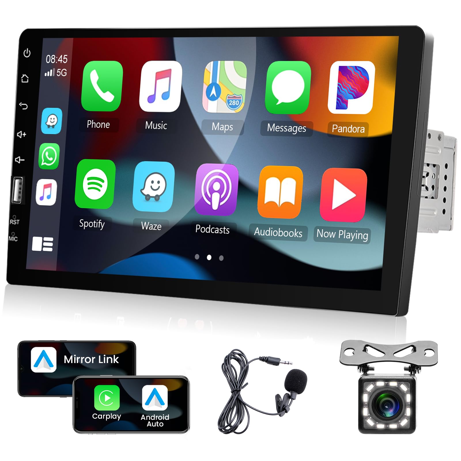 9 Inch Single Din Touch Screen Car Stereo with Apple CarPlay & Android Auto - Bluetooth FM/AM Radio, Mirror Link, TF/USB/AUX Input, Backup Camera & Mic - Compatible with iOS/Android for Seamless Driving Entertainment & Navigation