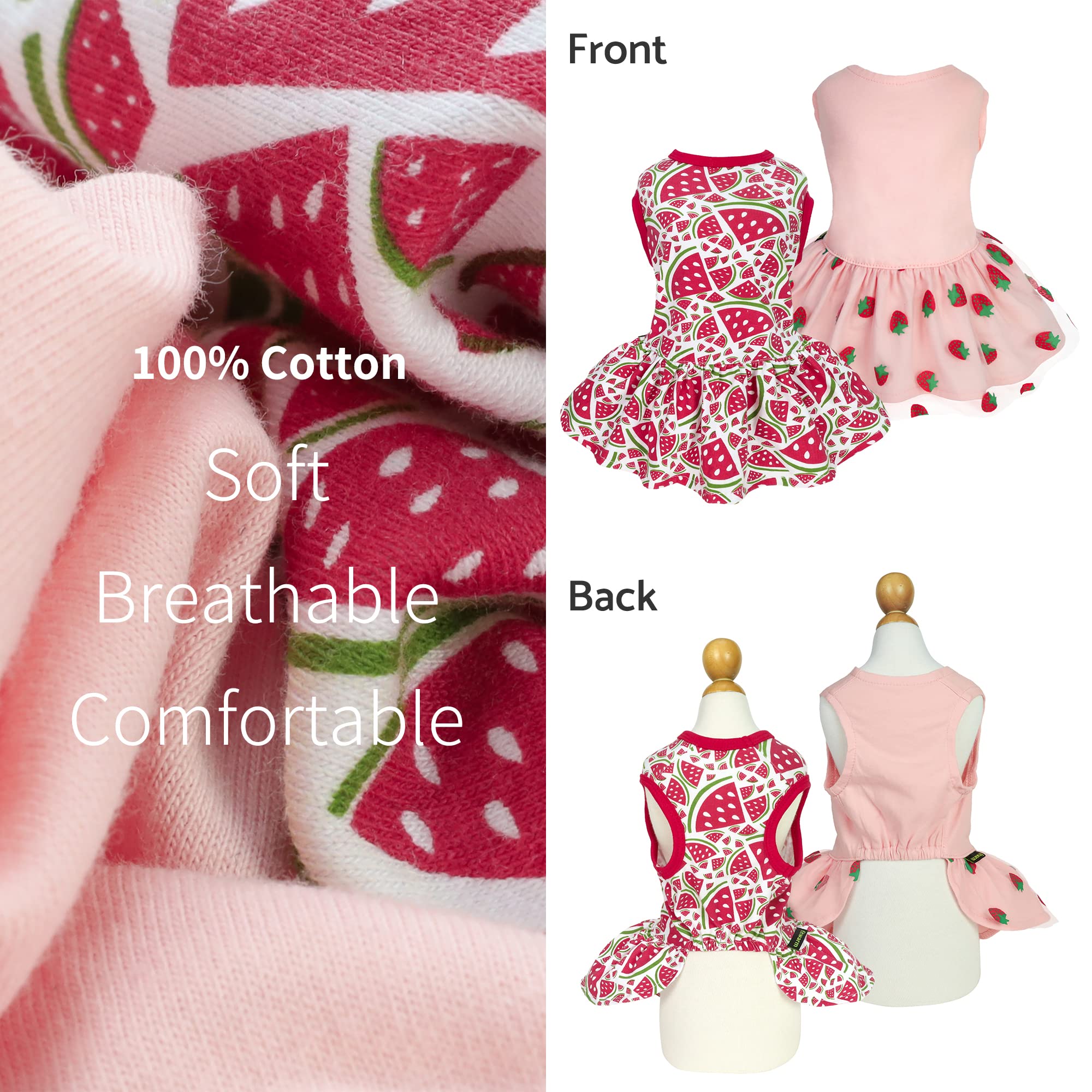 Fitwarm 2-Pack Summer Fruit Print Dog Tulle Dresses - 100% Cotton Pet Clothes for Small Dogs & Cats - Red & Pink Outfits - Perfect for Parties, Photos & Special Occasions