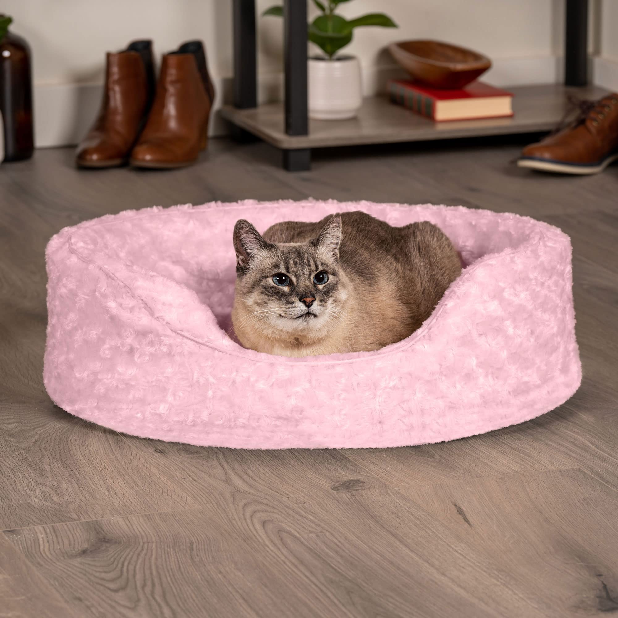 Furhaven Ultra Plush Faux Fur Dog Bed for Small & Medium Dogs Up to 18 lbs - Removable Washable Cover & Pillow Cushion Insert - Pink Oval Lounger - Perfect for Living Room, Bedroom or Pet Nursery