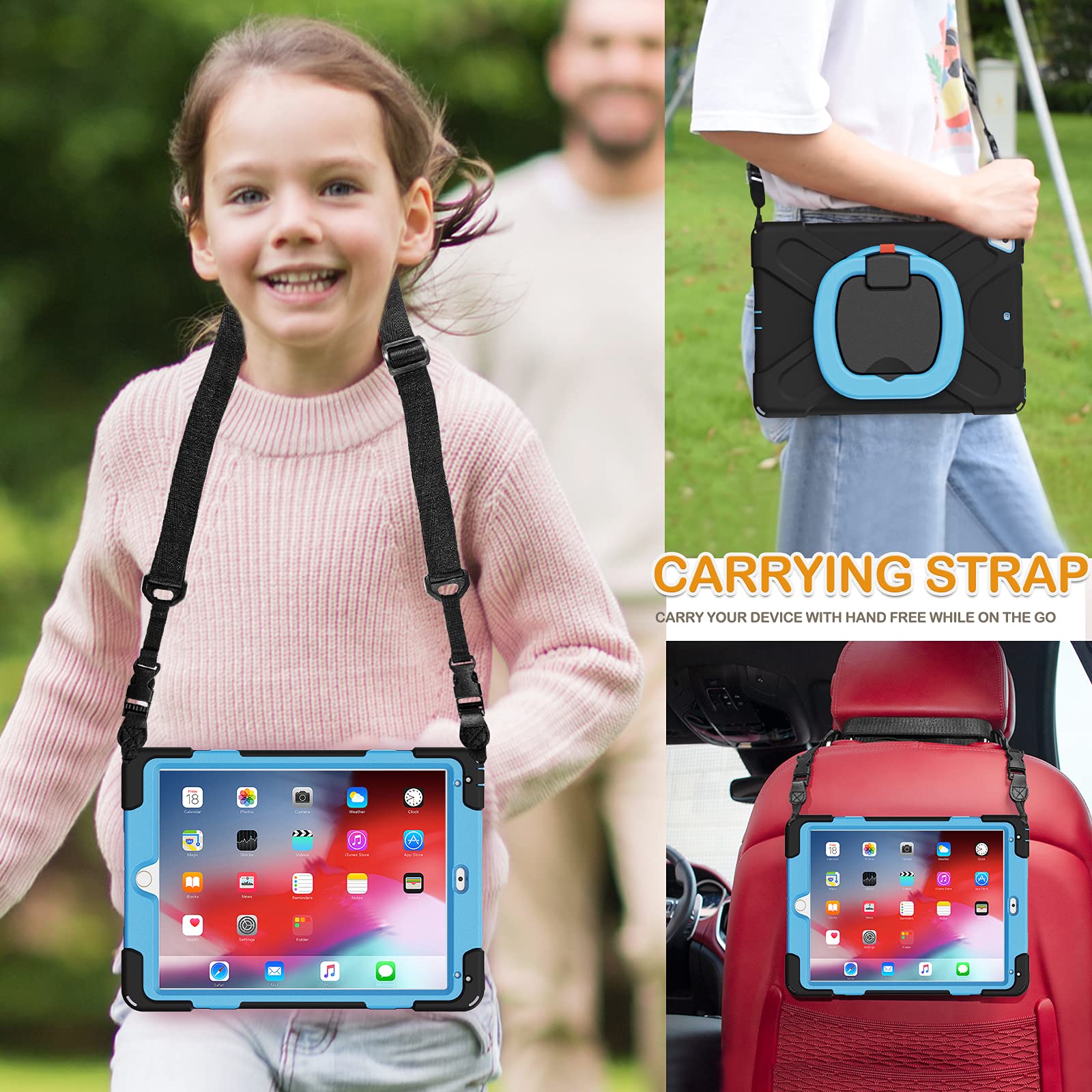 BRAECN Rugged 360° Rotating Handle iPad Case for iPad 6th/5th Gen, iPad Air 2, iPad Pro 9.7 - Shockproof Silicone Cover with Pencil Holder, Kickstand & Shoulder Strap (Black+Blue) - Perfect for School, Travel & Outdoor Use