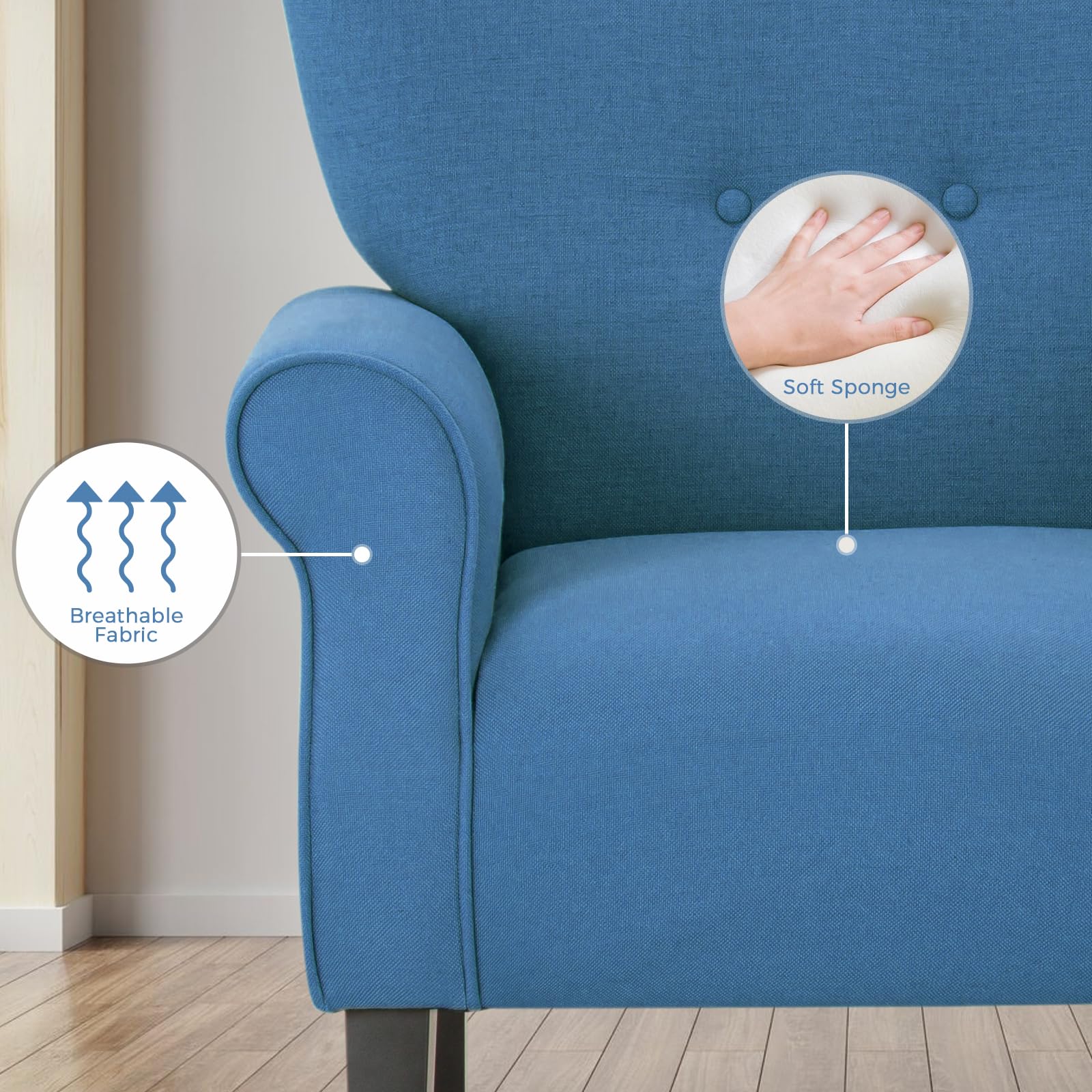 MELLCOM Mid Century Modern Wingback Arm Chair - Upholstered Fabric High Back Accent Chair with Wooden Legs, Single Sofa Club Chair for Living Room, Bedroom & Home Office - Blue | Perfect for Reading Nooks, Cozy Corners & Contemporary Decor
