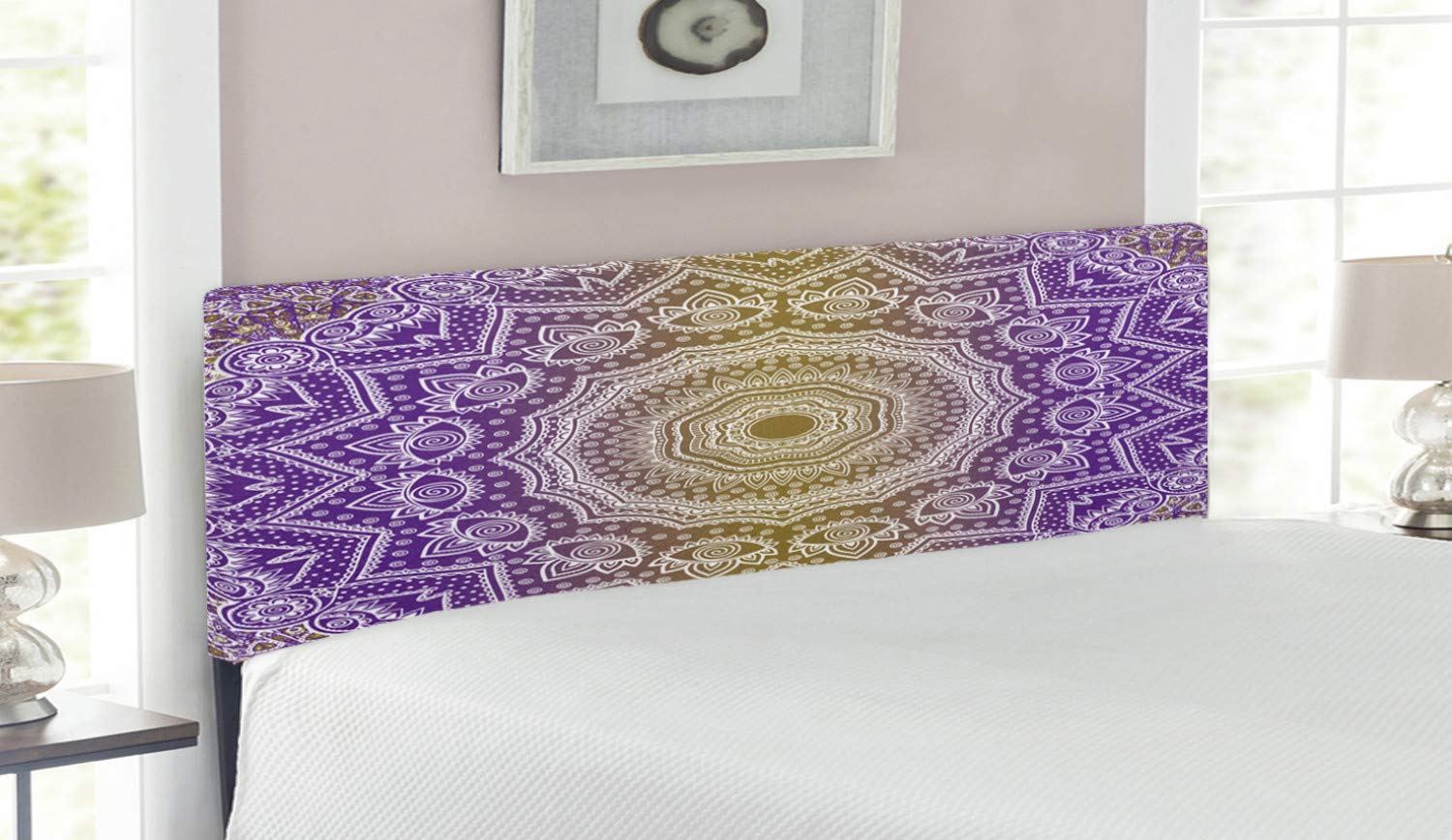 Ambesonne Purple and Yellow Mandala Ombre Upholstered Headboard - Queen Size Bed Headboard with Memory Foam, Decorative Metal Frame for Bedroom - Boho Chic Home Decor for Master Bedroom or Guest Room
