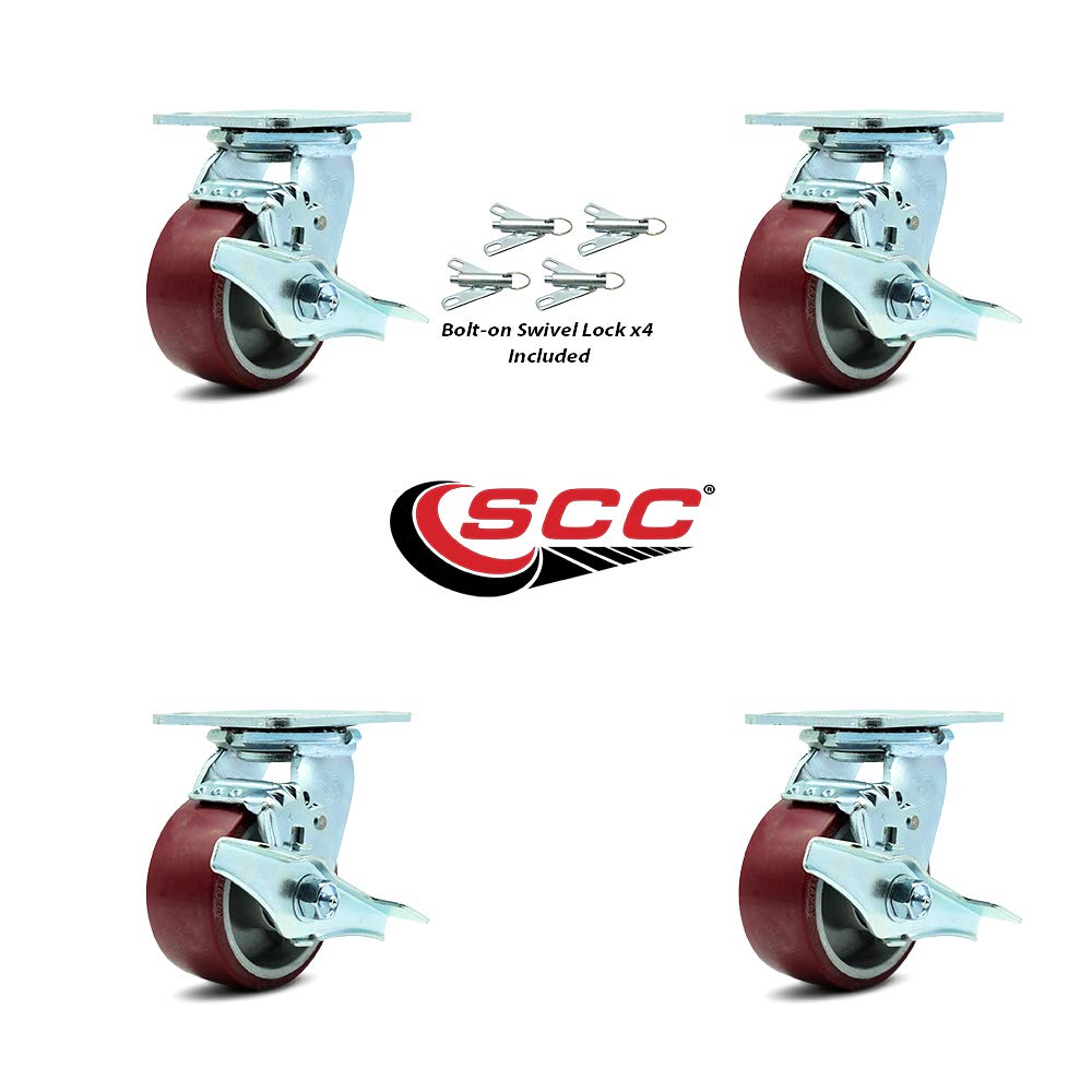 Heavy Duty 4-Inch Polyurethane Swivel Caster Set of 4 - Aluminum Wheels with Ball Bearings, Top Lock Brakes & Bolt-on Swivel Locks - Ideal for Industrial Carts, Workbenches, and Heavy Equipment Mobility